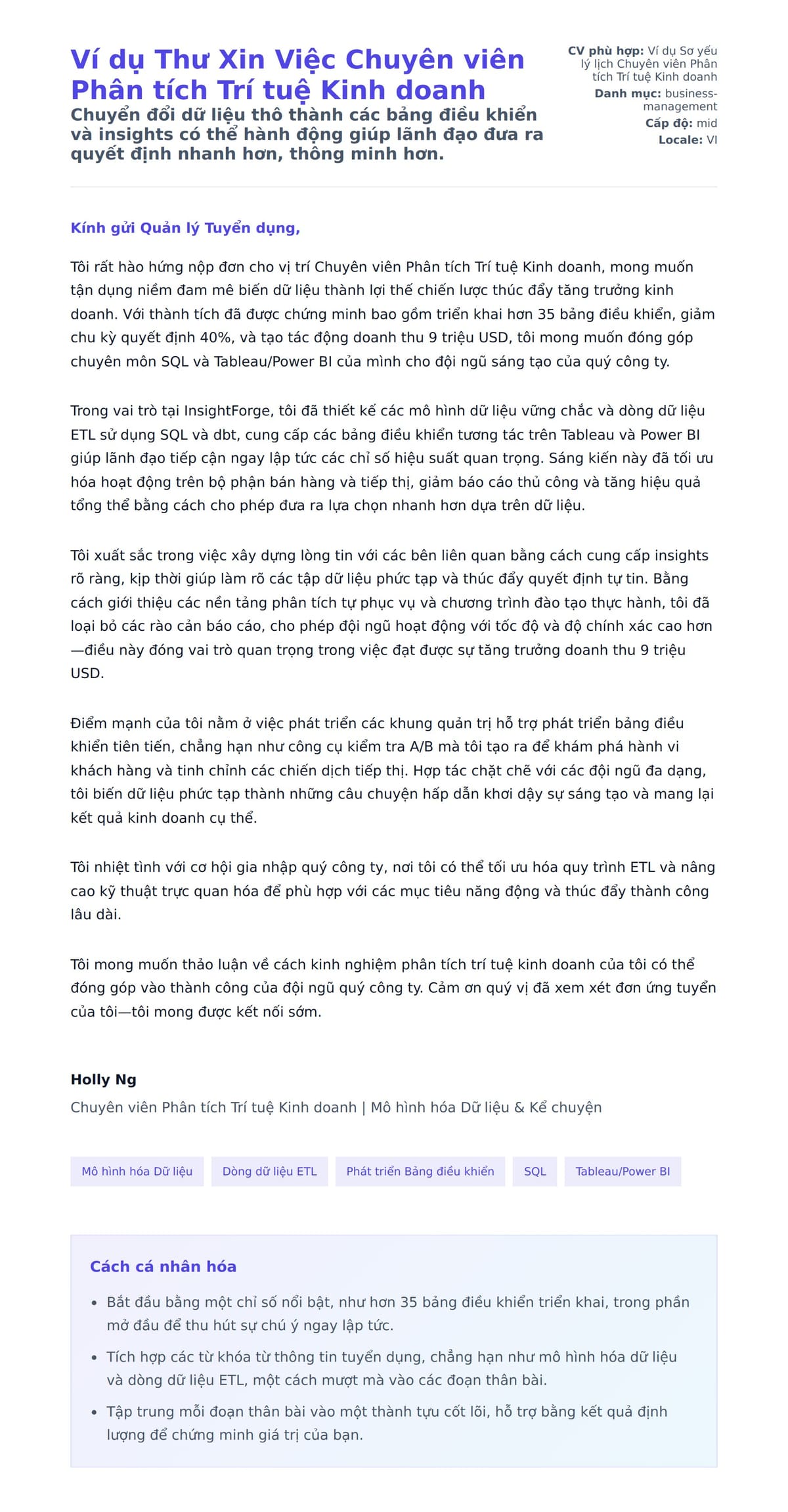 Bản xem trước thư xin việc cho Ví dụ Thư Xin Việc Chuyên viên Phân tích Trí tuệ Kinh doanh