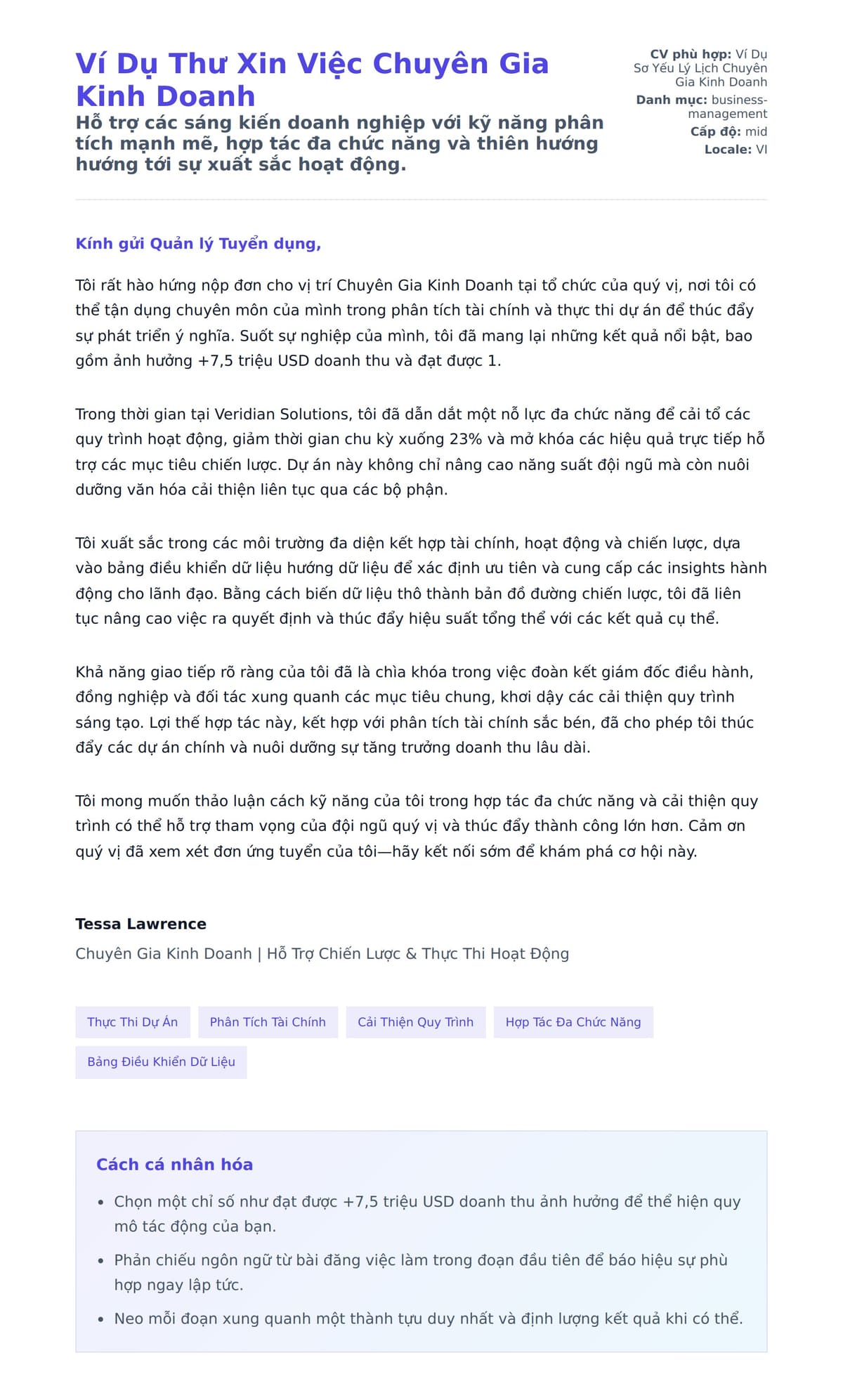 Bản xem trước thư xin việc cho Ví Dụ Thư Xin Việc Chuyên Gia Kinh Doanh
