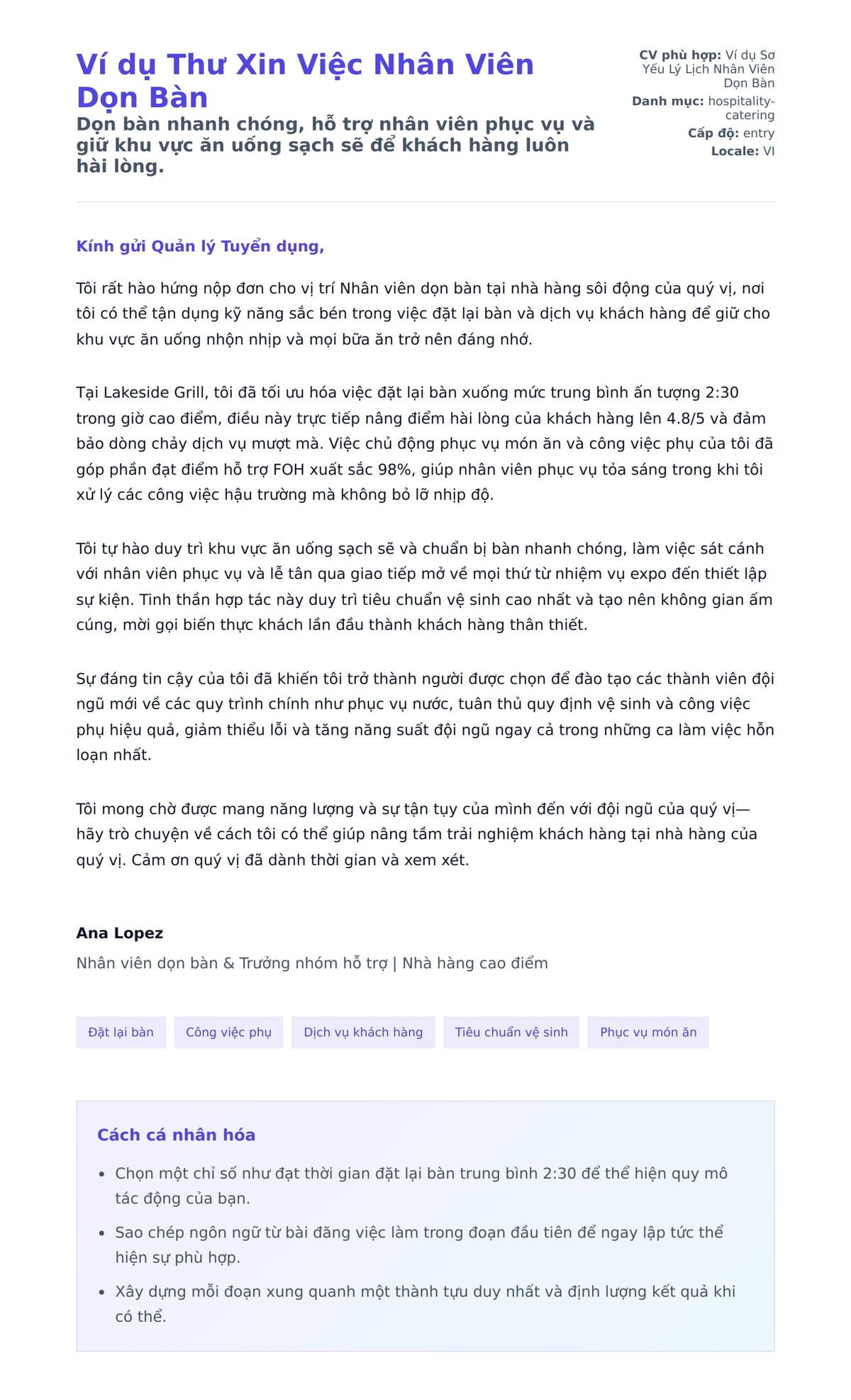 Bản xem trước thư xin việc cho Ví dụ Thư Xin Việc Nhân Viên Dọn Bàn