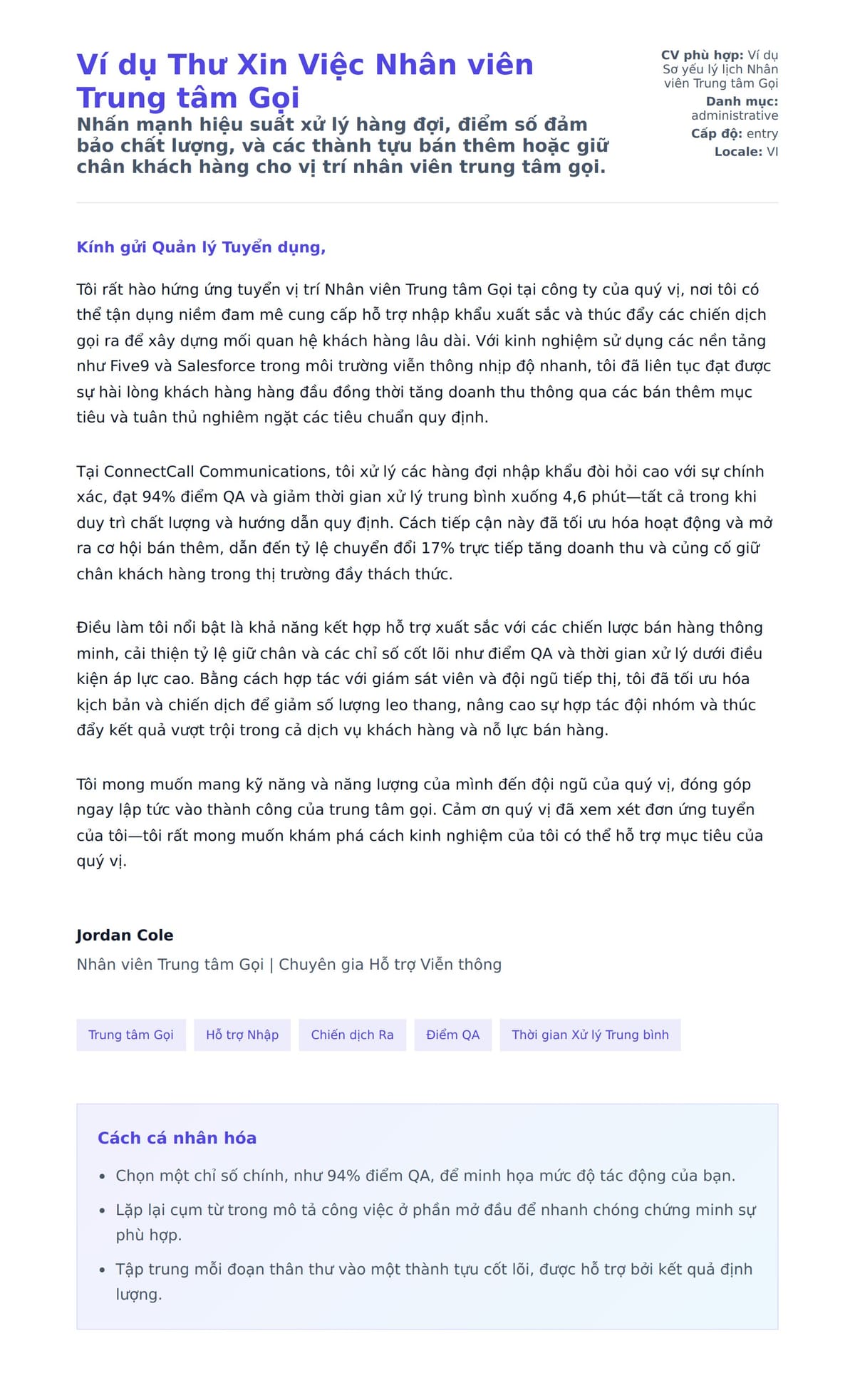 Ví dụ Thư Xin Việc Nhân viên Trung tâm Gọi
