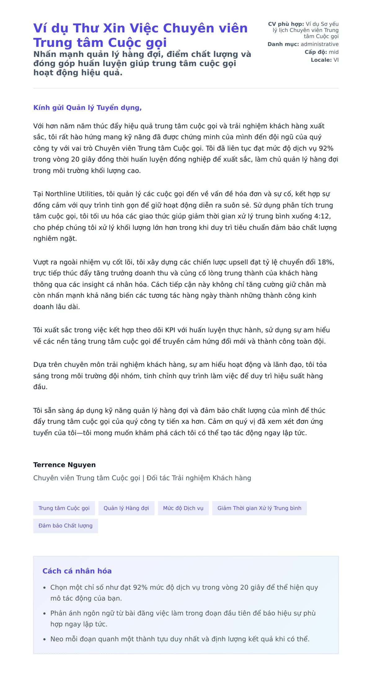 Ví dụ Thư Xin Việc Chuyên viên Trung tâm Cuộc gọi