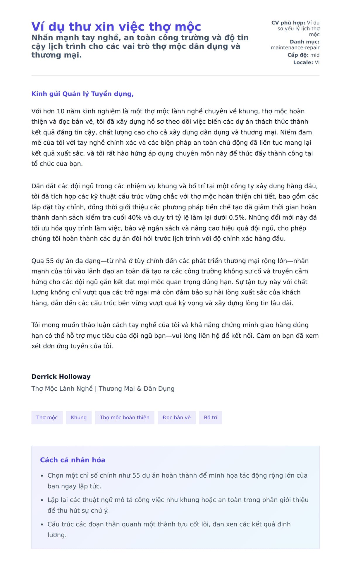 Bản xem trước thư xin việc cho Ví dụ thư xin việc thợ mộc