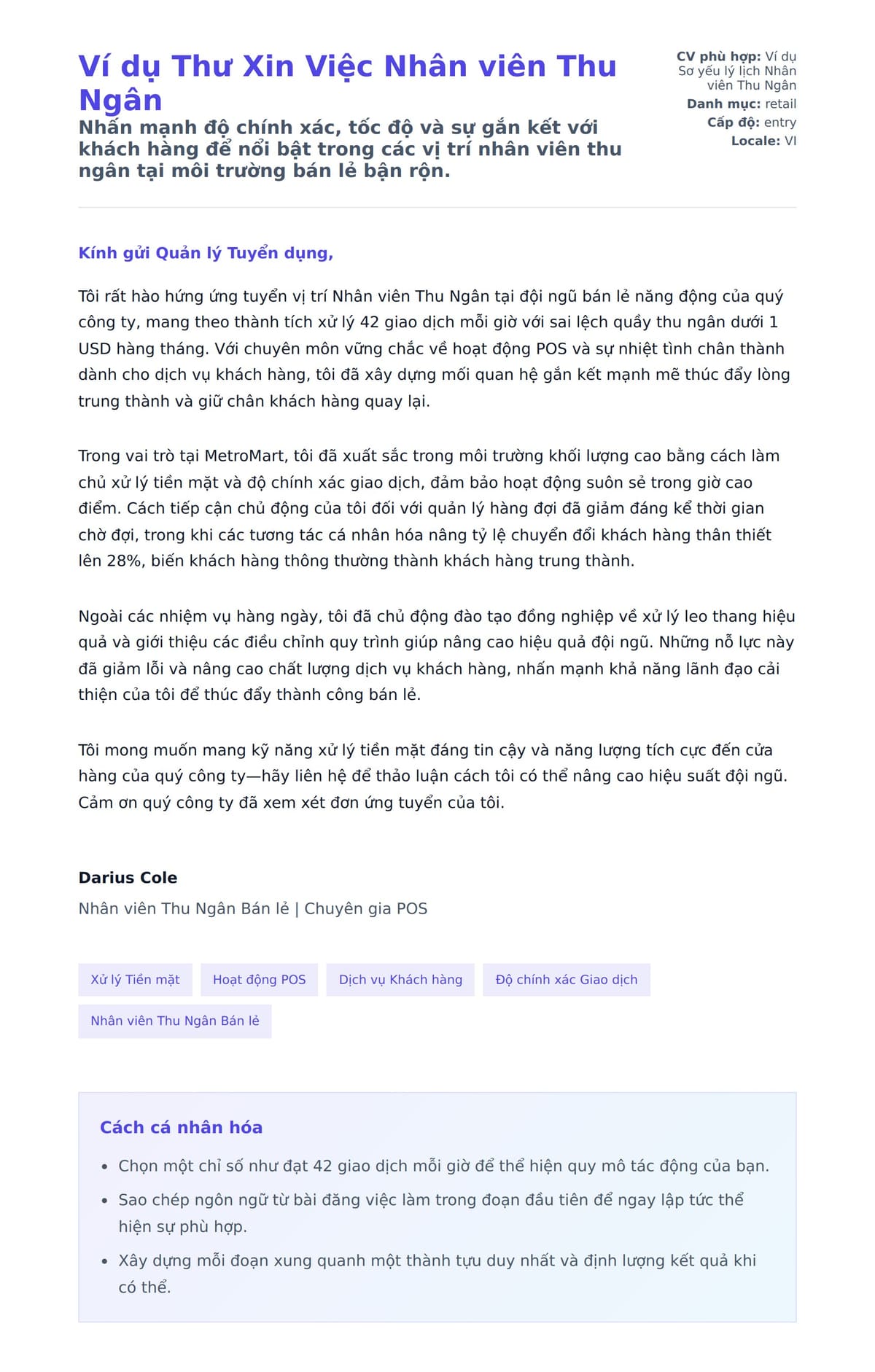 Bản xem trước thư xin việc cho Ví dụ Thư Xin Việc Nhân viên Thu Ngân