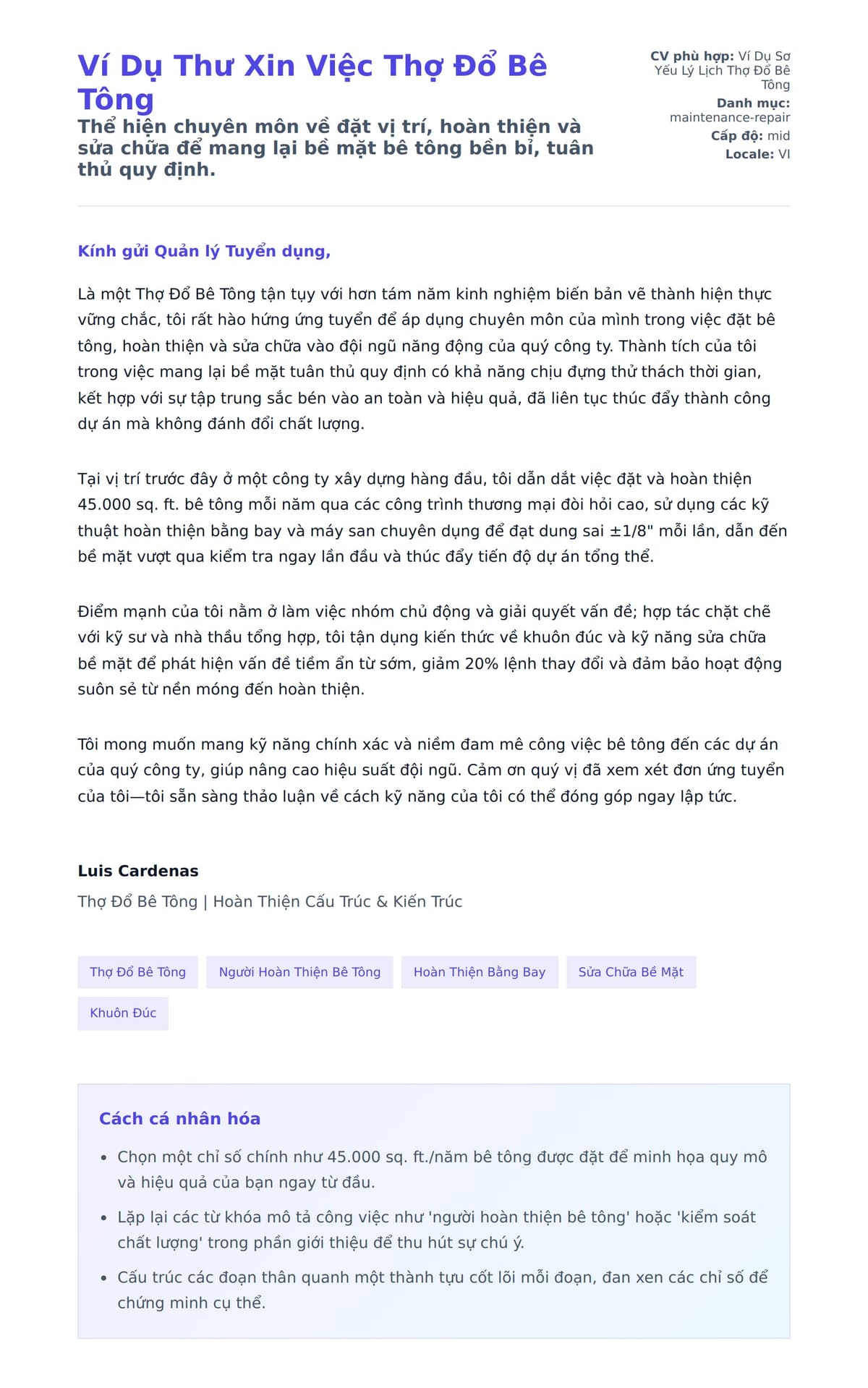 Bản xem trước thư xin việc cho Ví Dụ Thư Xin Việc Thợ Đổ Bê Tông