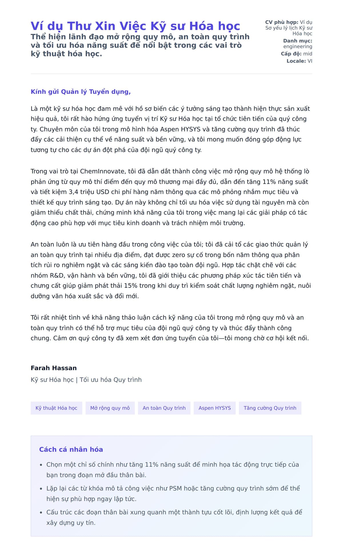 Bản xem trước thư xin việc cho Ví dụ Thư Xin Việc Kỹ sư Hóa học
