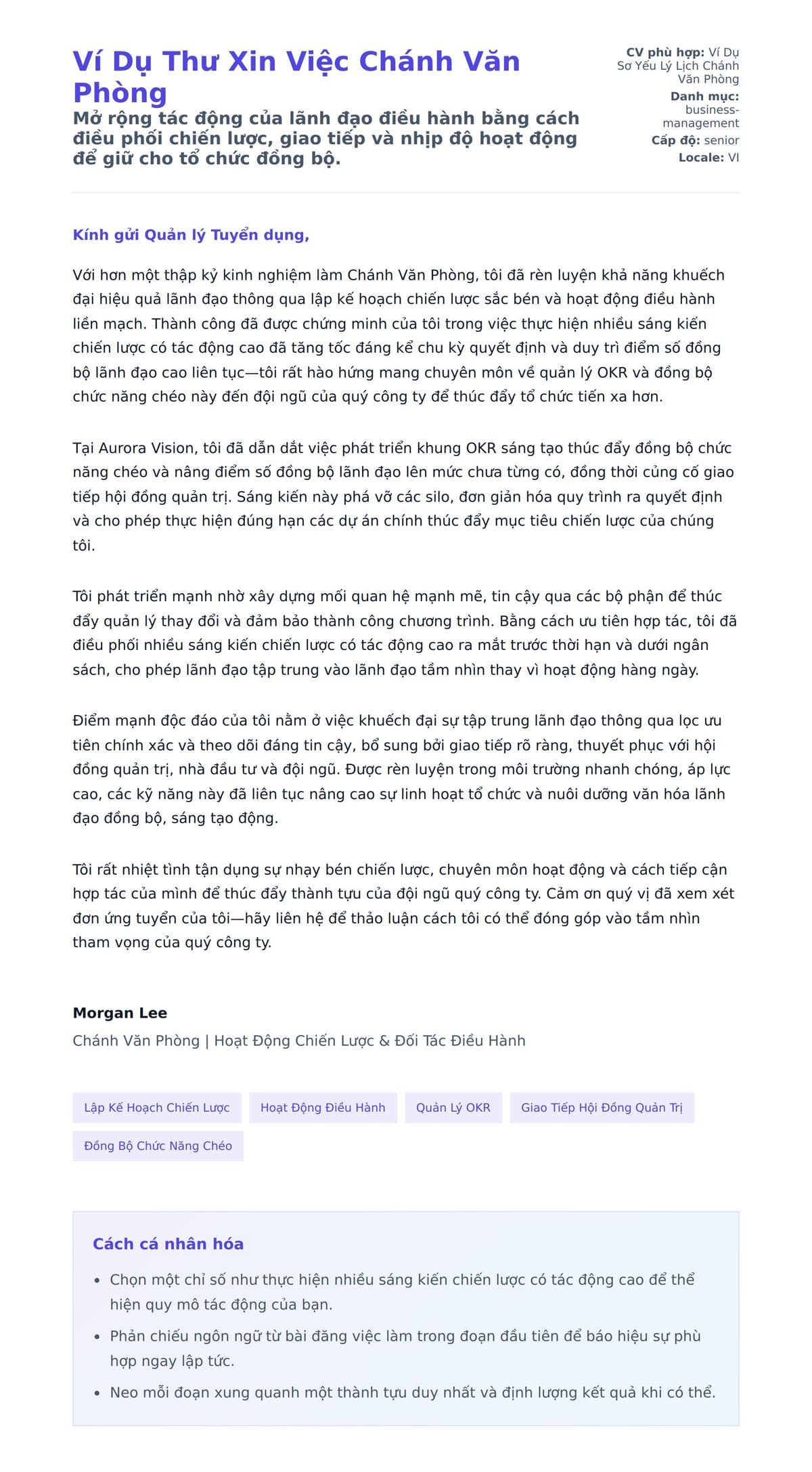 Bản xem trước thư xin việc cho Ví Dụ Thư Xin Việc Chánh Văn Phòng