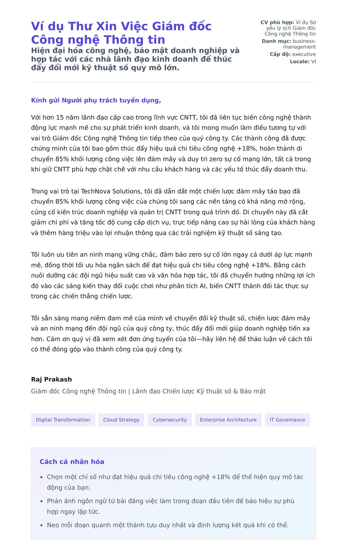 Bản xem trước thư xin việc cho Ví dụ Thư Xin Việc Giám đốc Công nghệ Thông tin