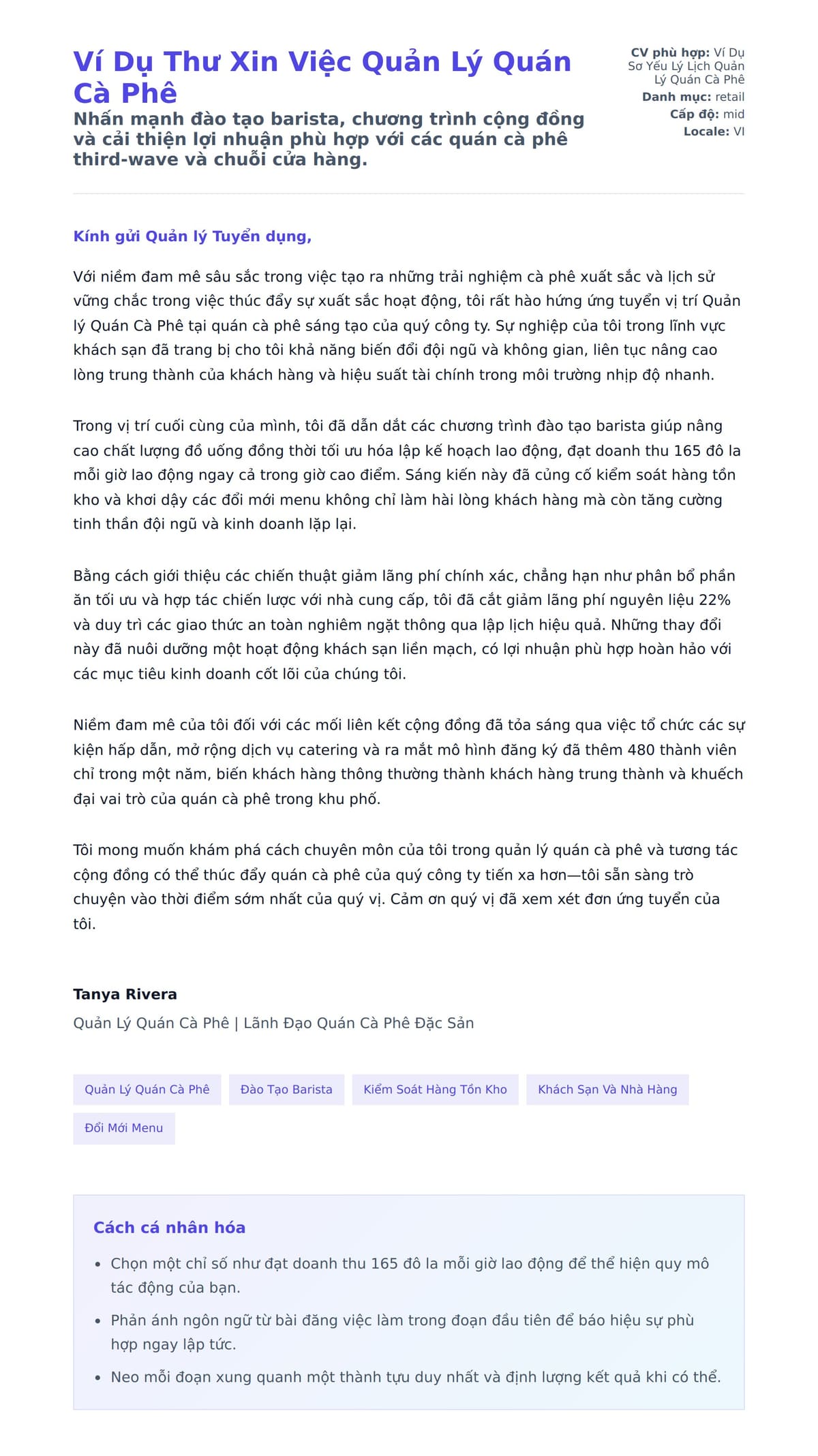 Bản xem trước thư xin việc cho Ví Dụ Thư Xin Việc Quản Lý Quán Cà Phê