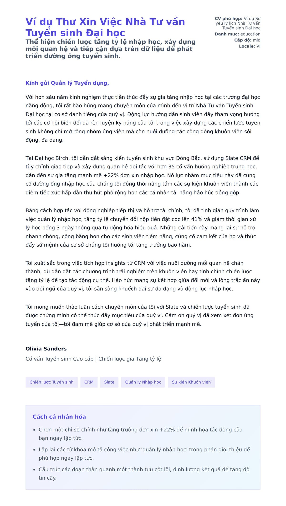 Bản xem trước thư xin việc cho Ví dụ Thư Xin Việc Nhà Tư vấn Tuyển sinh Đại học