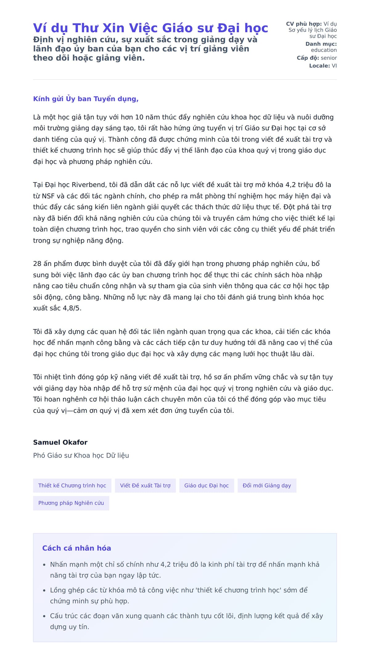 Bản xem trước thư xin việc cho Ví dụ Thư Xin Việc Giáo sư Đại học