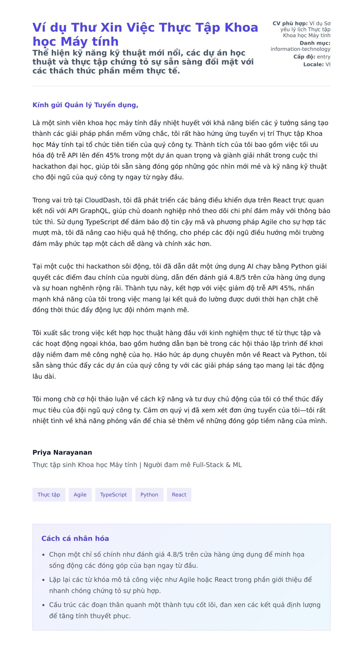 Bản xem trước thư xin việc cho Ví dụ Thư Xin Việc Thực Tập Khoa học Máy tính