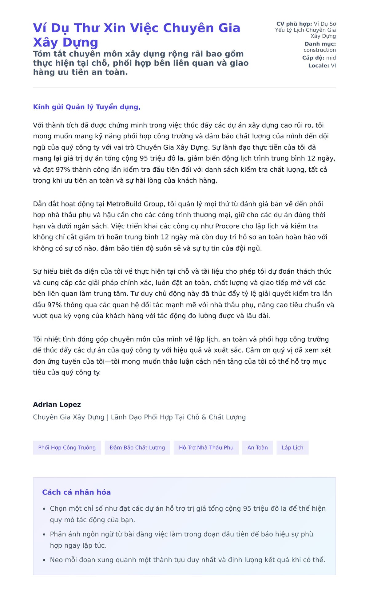 Bản xem trước thư xin việc cho Ví Dụ Thư Xin Việc Chuyên Gia Xây Dựng