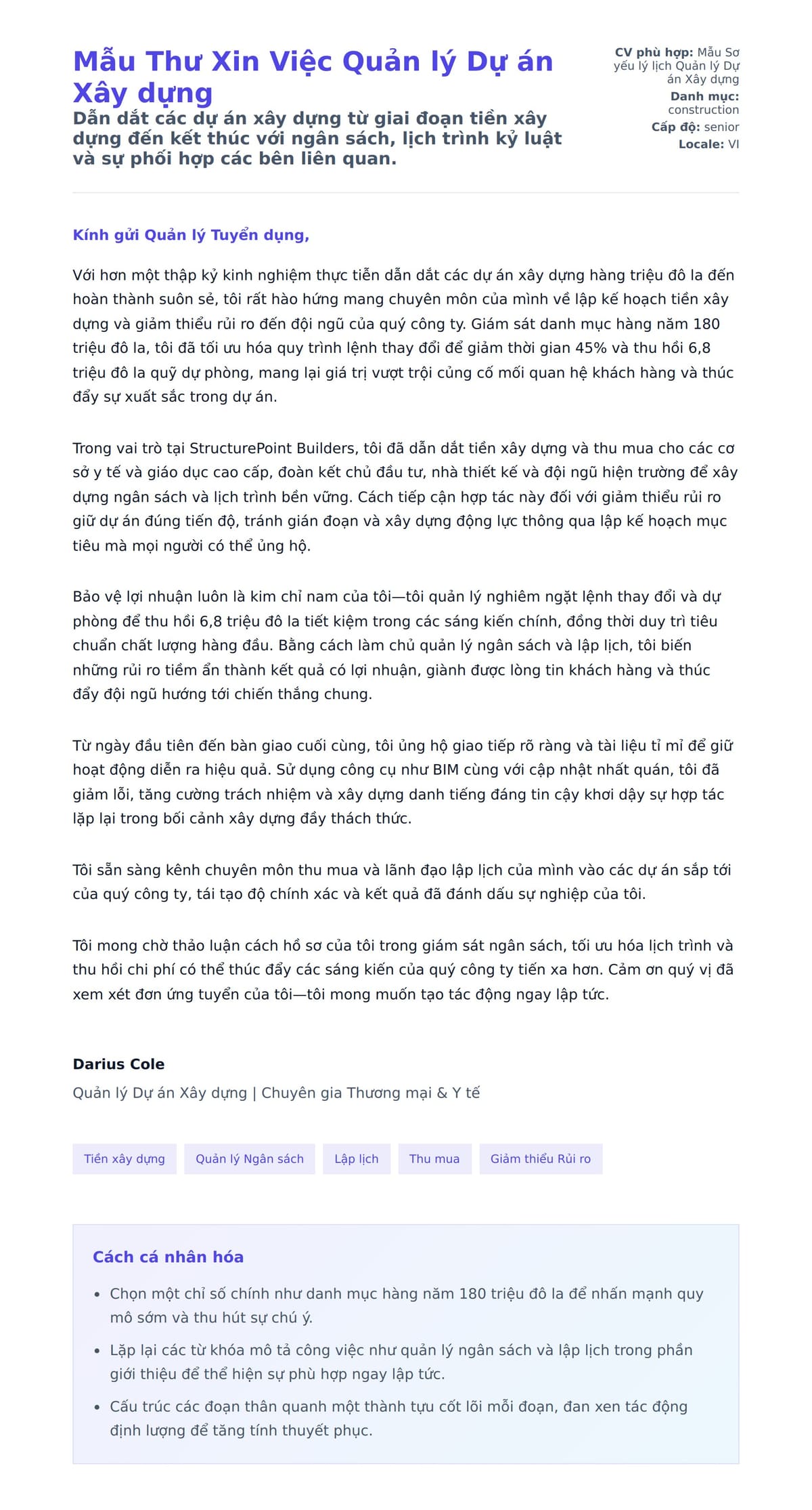 Bản xem trước thư xin việc cho Mẫu Thư Xin Việc Quản lý Dự án Xây dựng