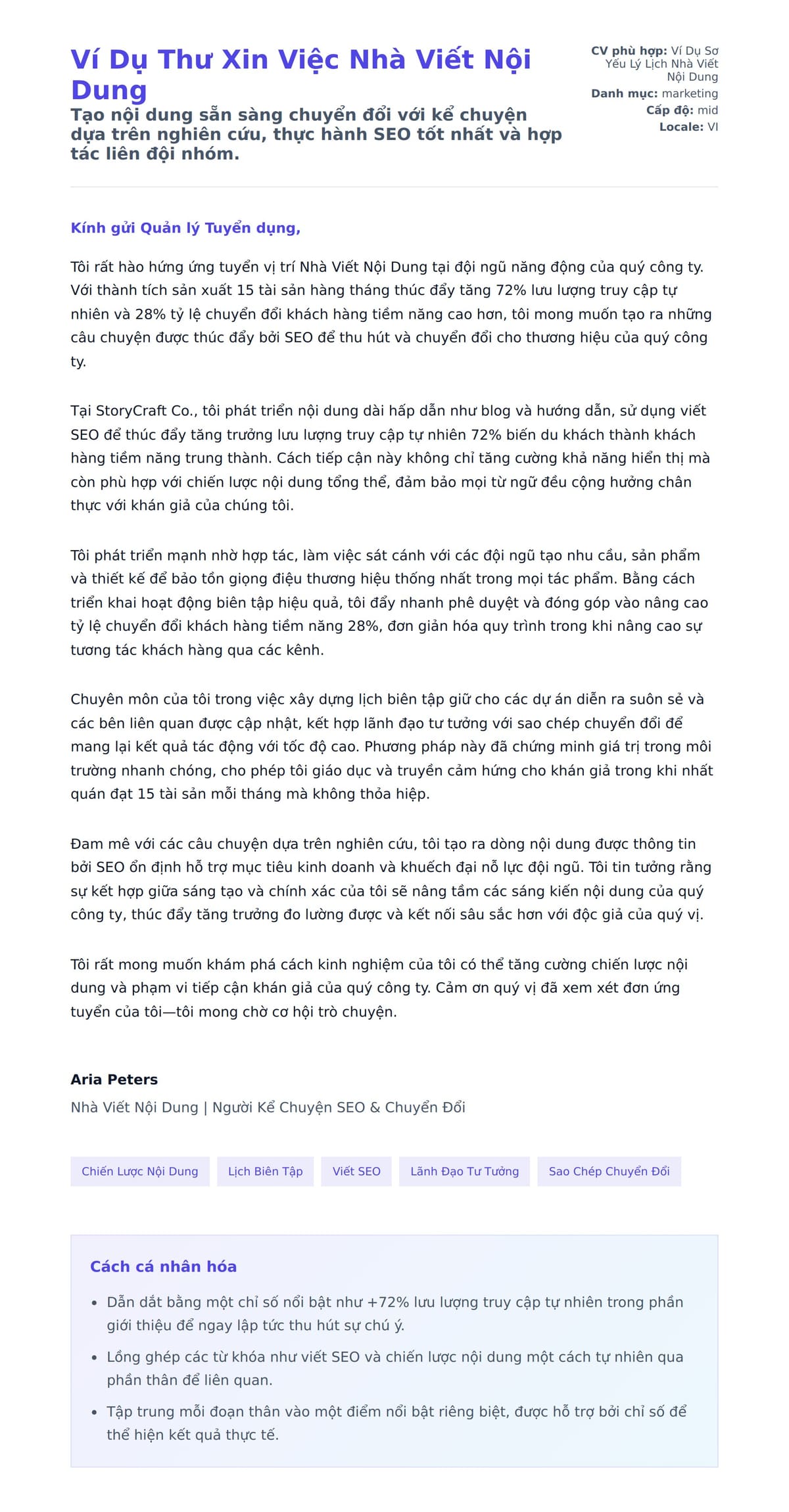 Bản xem trước thư xin việc cho Ví Dụ Thư Xin Việc Nhà Viết Nội Dung