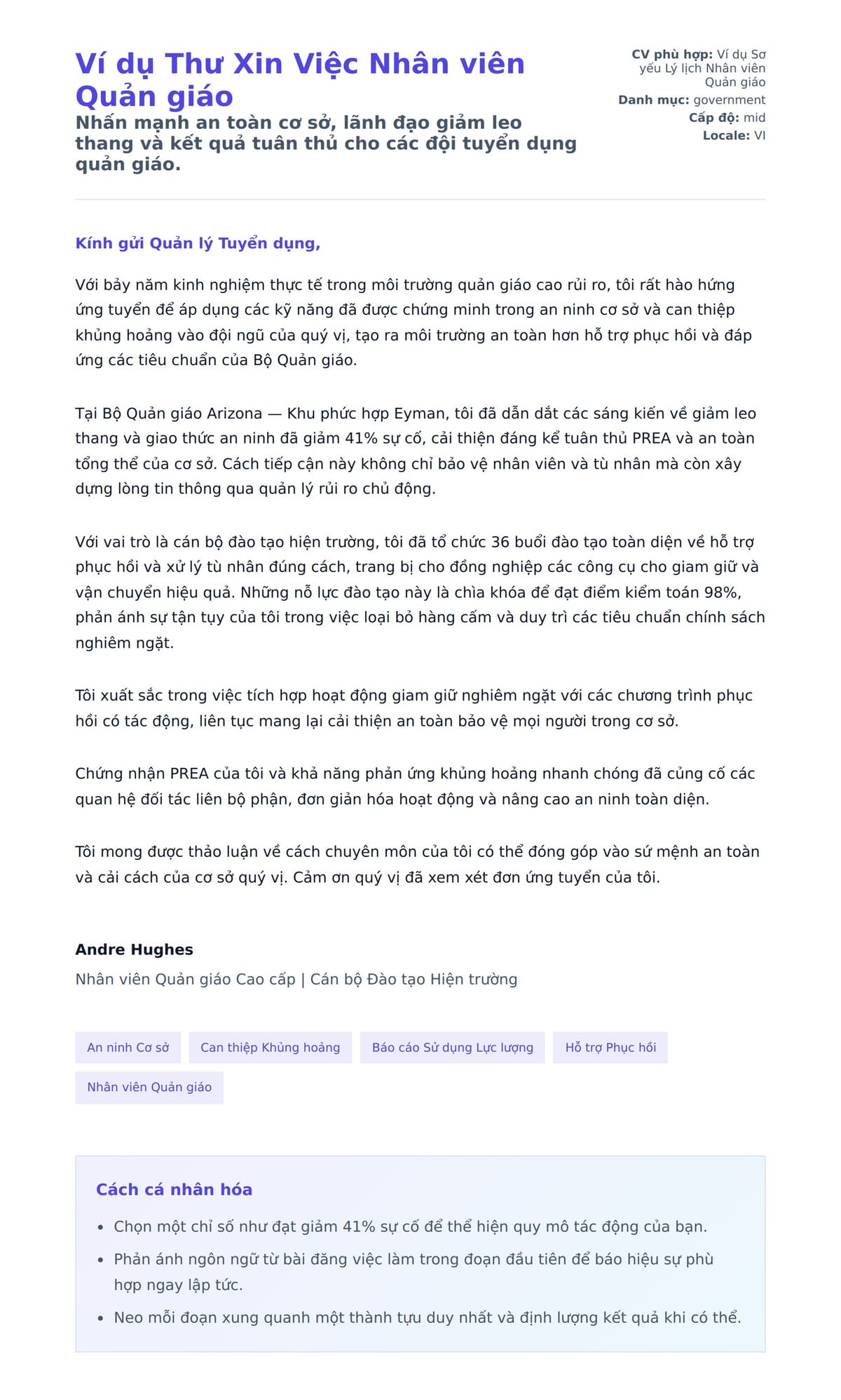 Bản xem trước thư xin việc cho Ví dụ Thư Xin Việc Nhân viên Quản giáo