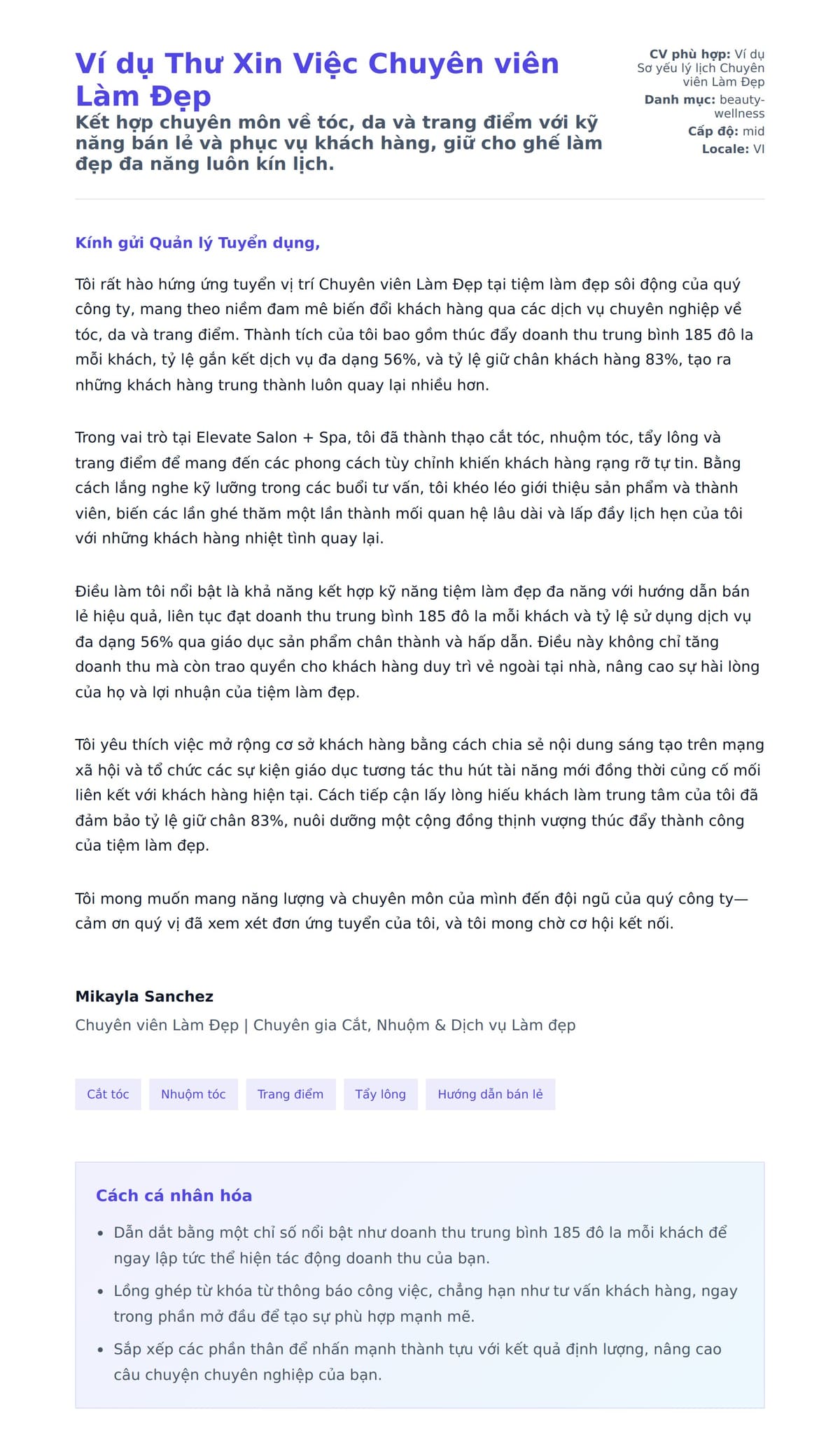 Bản xem trước thư xin việc cho Ví dụ Thư Xin Việc Chuyên viên Làm Đẹp