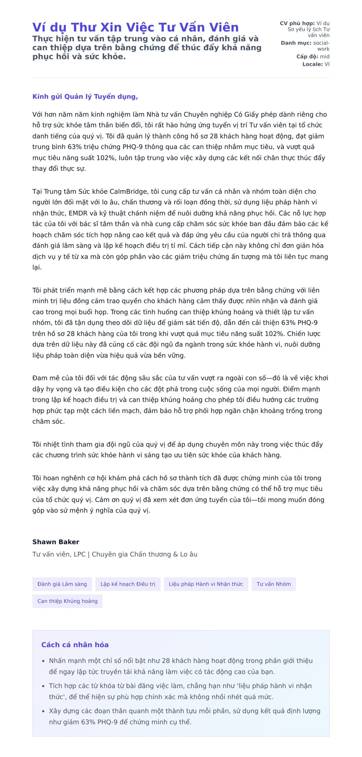 Bản xem trước thư xin việc cho Ví dụ Thư Xin Việc Tư Vấn Viên