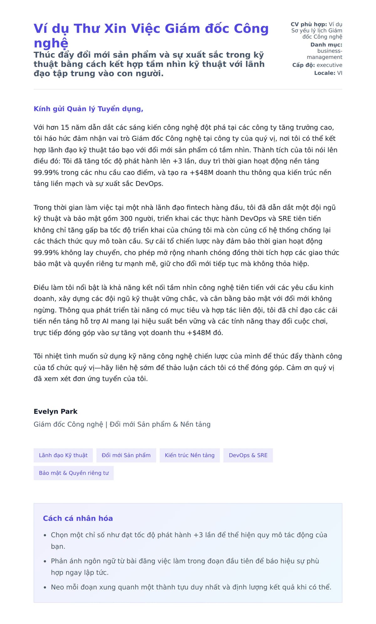 Bản xem trước thư xin việc cho Ví dụ Thư Xin Việc Giám đốc Công nghệ