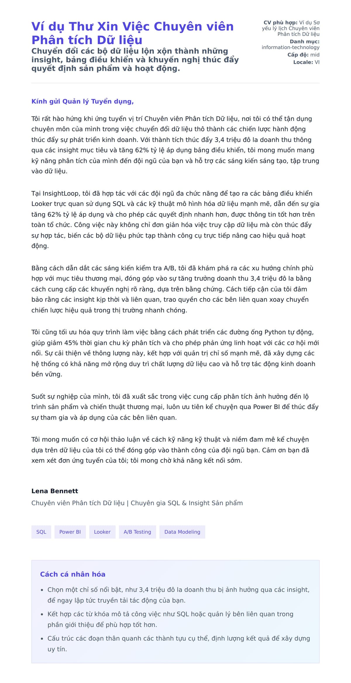 Bản xem trước thư xin việc cho Ví dụ Thư Xin Việc Chuyên viên Phân tích Dữ liệu