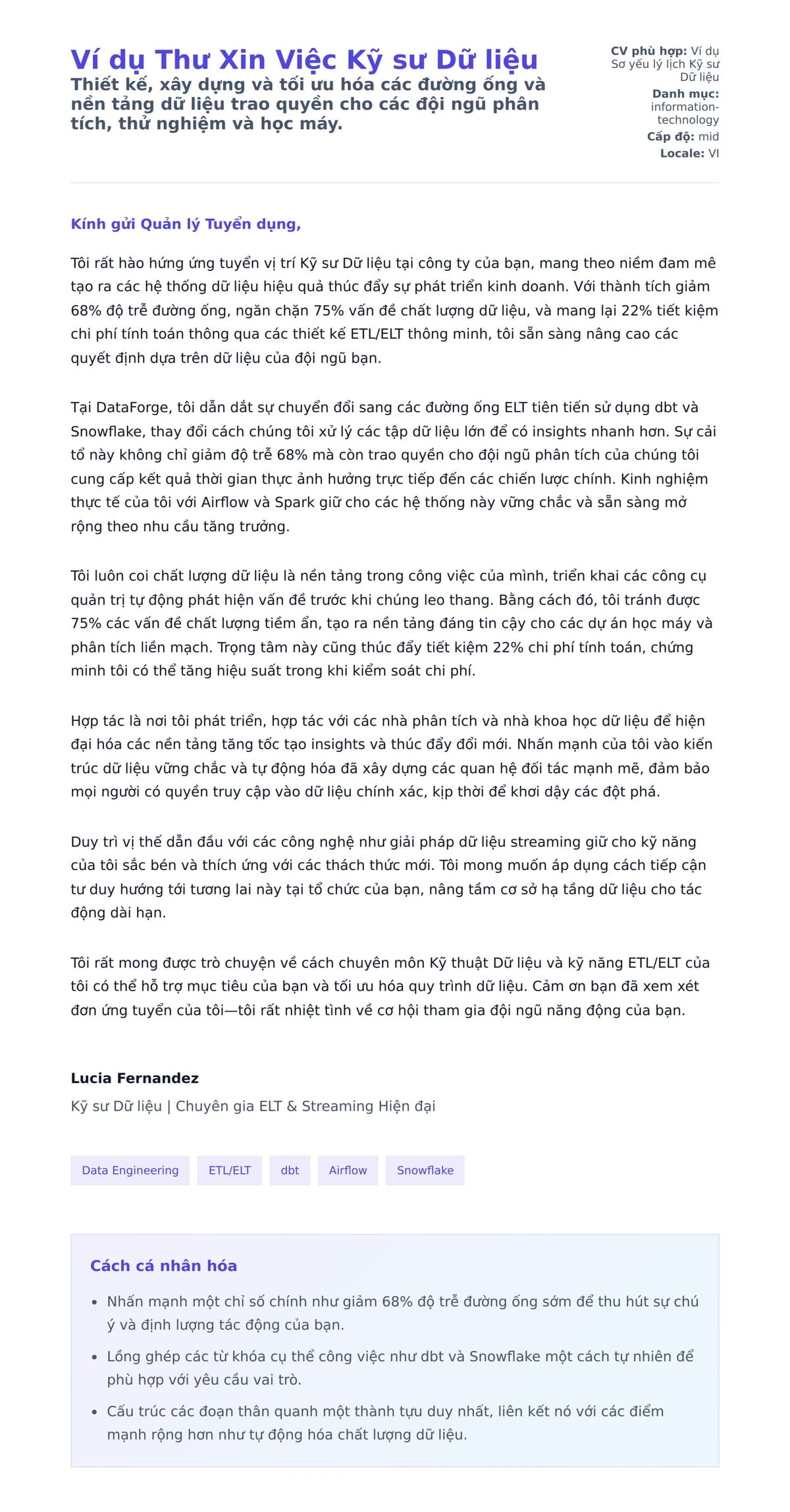 Bản xem trước thư xin việc cho Ví dụ Thư Xin Việc Kỹ sư Dữ liệu