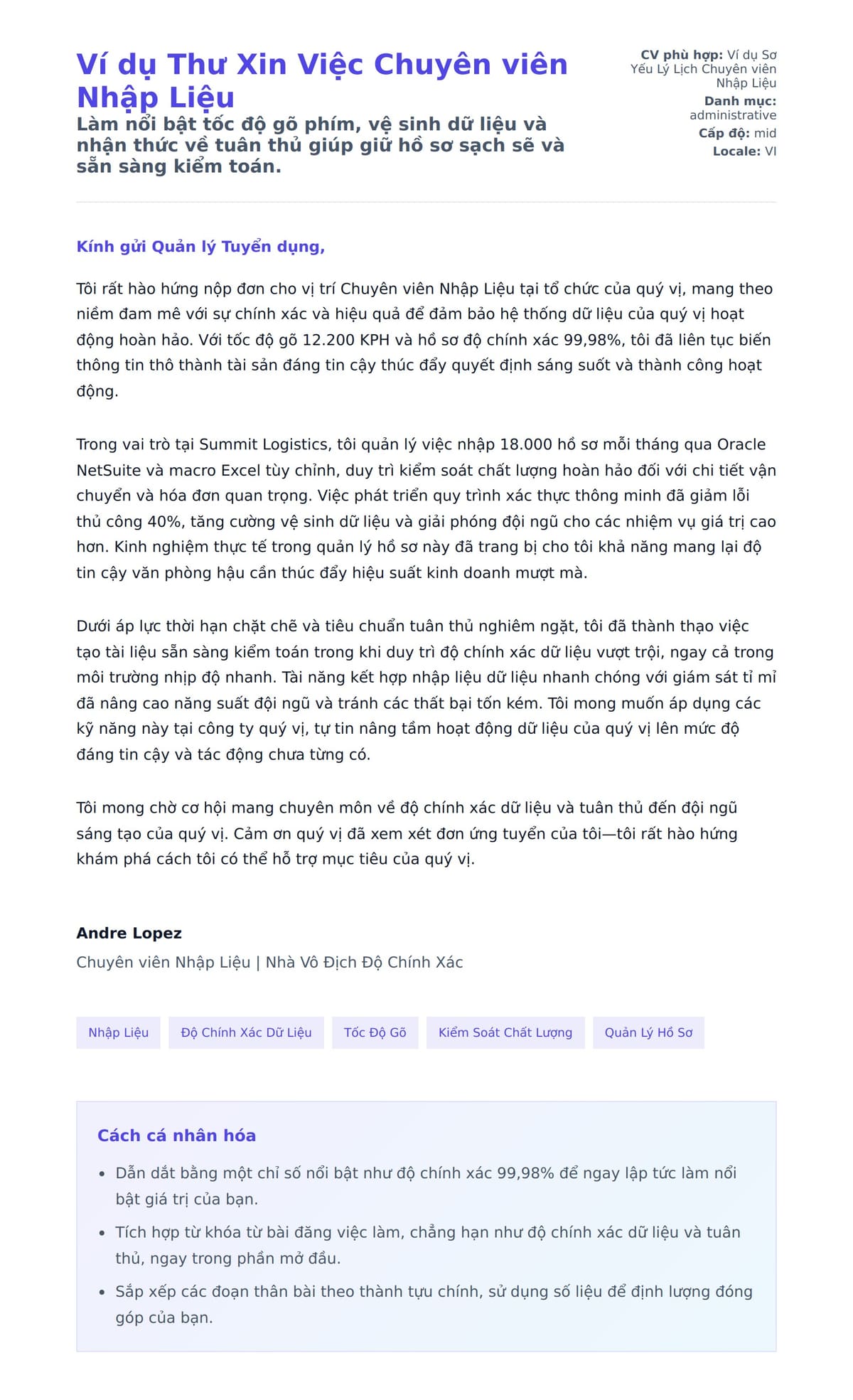 Bản xem trước thư xin việc cho Ví dụ Thư Xin Việc Chuyên viên Nhập Liệu