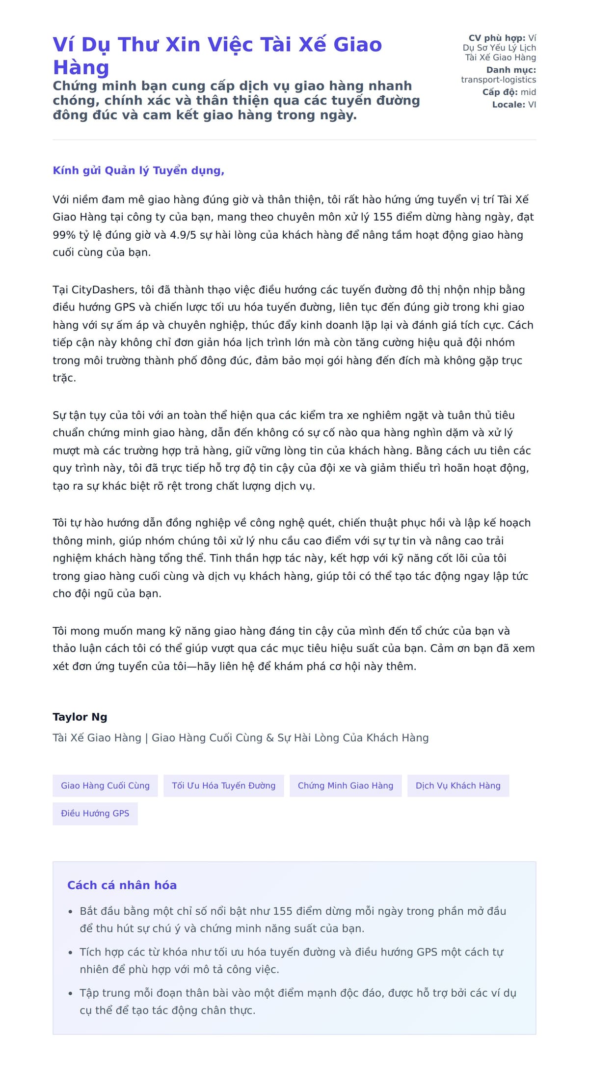 Bản xem trước thư xin việc cho Ví Dụ Thư Xin Việc Tài Xế Giao Hàng