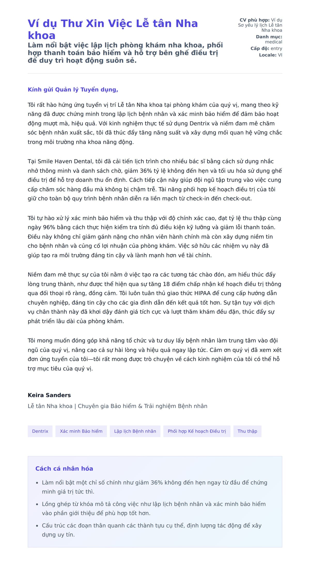 Bản xem trước thư xin việc cho Ví dụ Thư Xin Việc Lễ tân Nha khoa