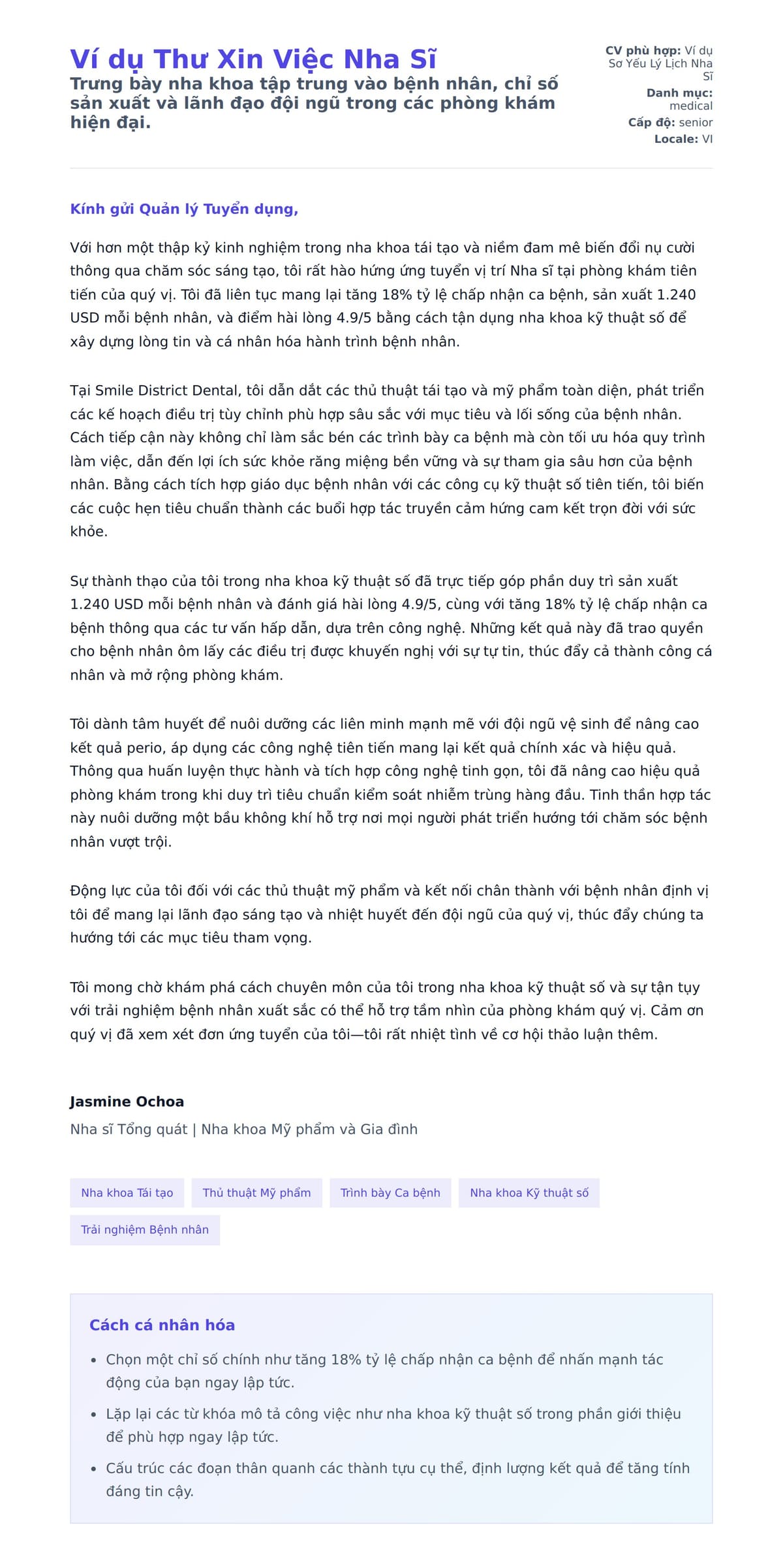 Bản xem trước thư xin việc cho Ví dụ Thư Xin Việc Nha Sĩ