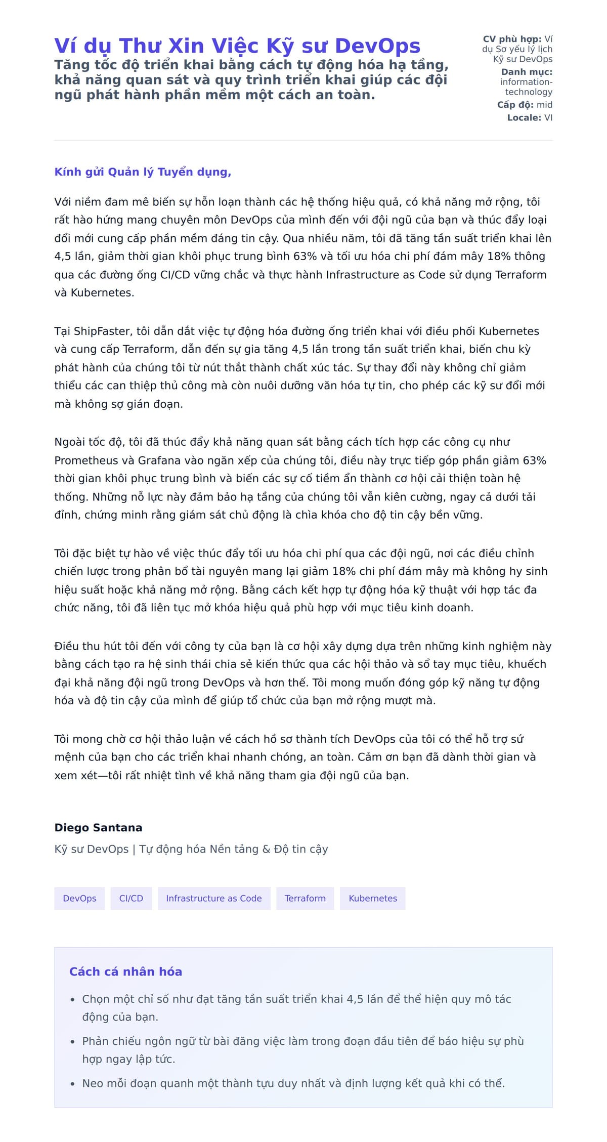 Bản xem trước thư xin việc cho Ví dụ Thư Xin Việc Kỹ sư DevOps
