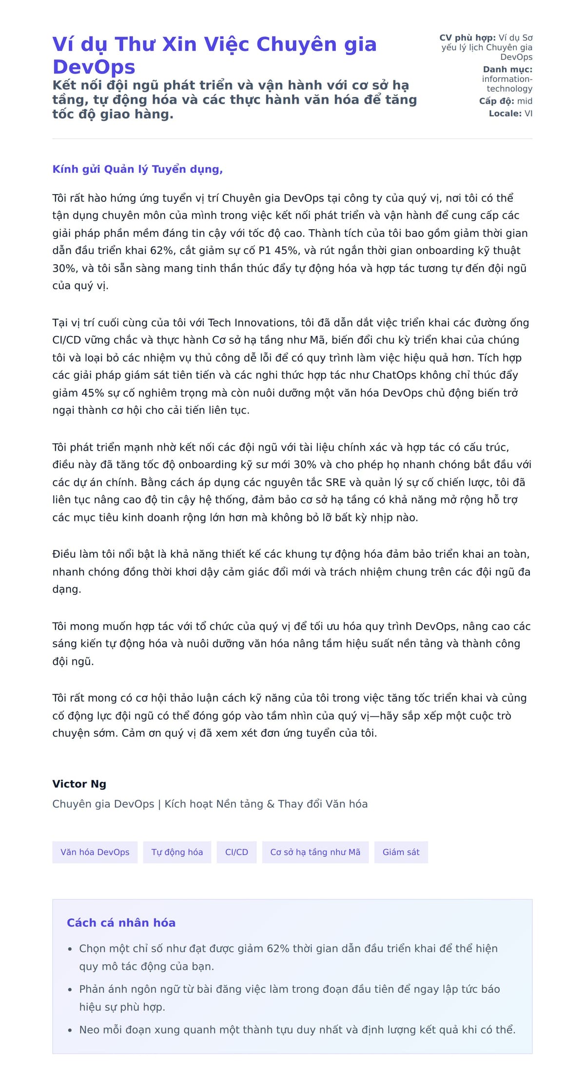 Bản xem trước thư xin việc cho Ví dụ Thư Xin Việc Chuyên gia DevOps
