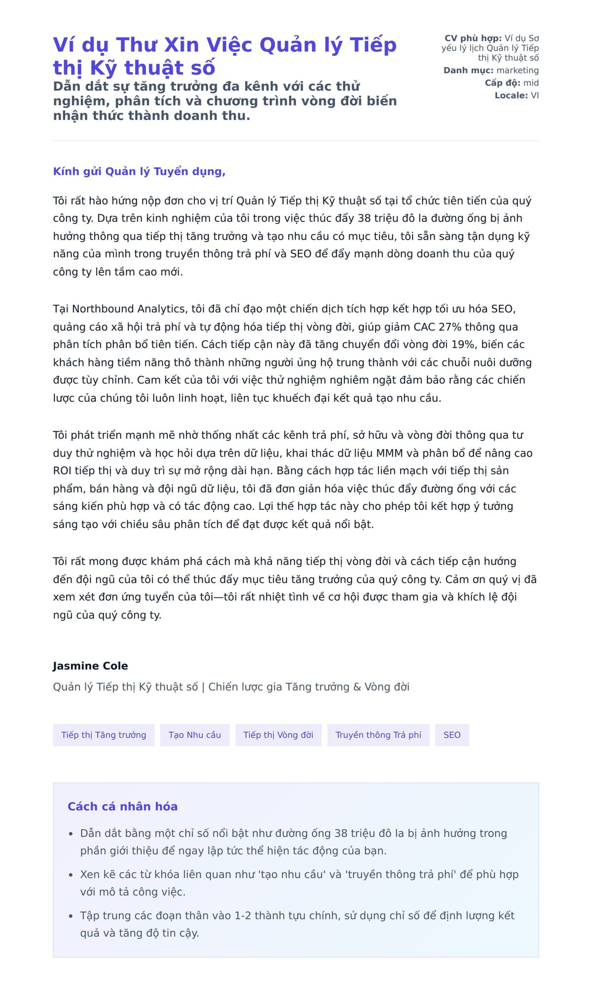 Bản xem trước thư xin việc cho Ví dụ Thư Xin Việc Quản lý Tiếp thị Kỹ thuật số