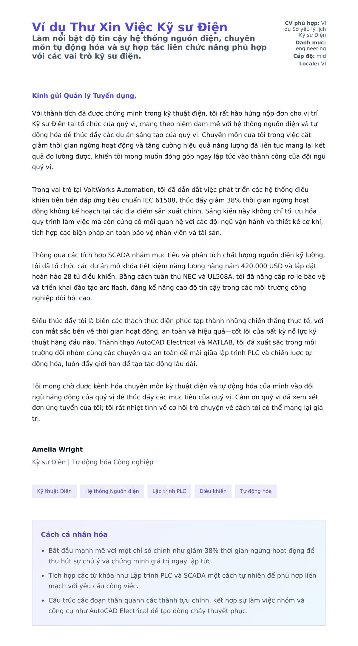 Bản xem trước thư xin việc cho Ví dụ Thư Xin Việc Kỹ sư Điện
