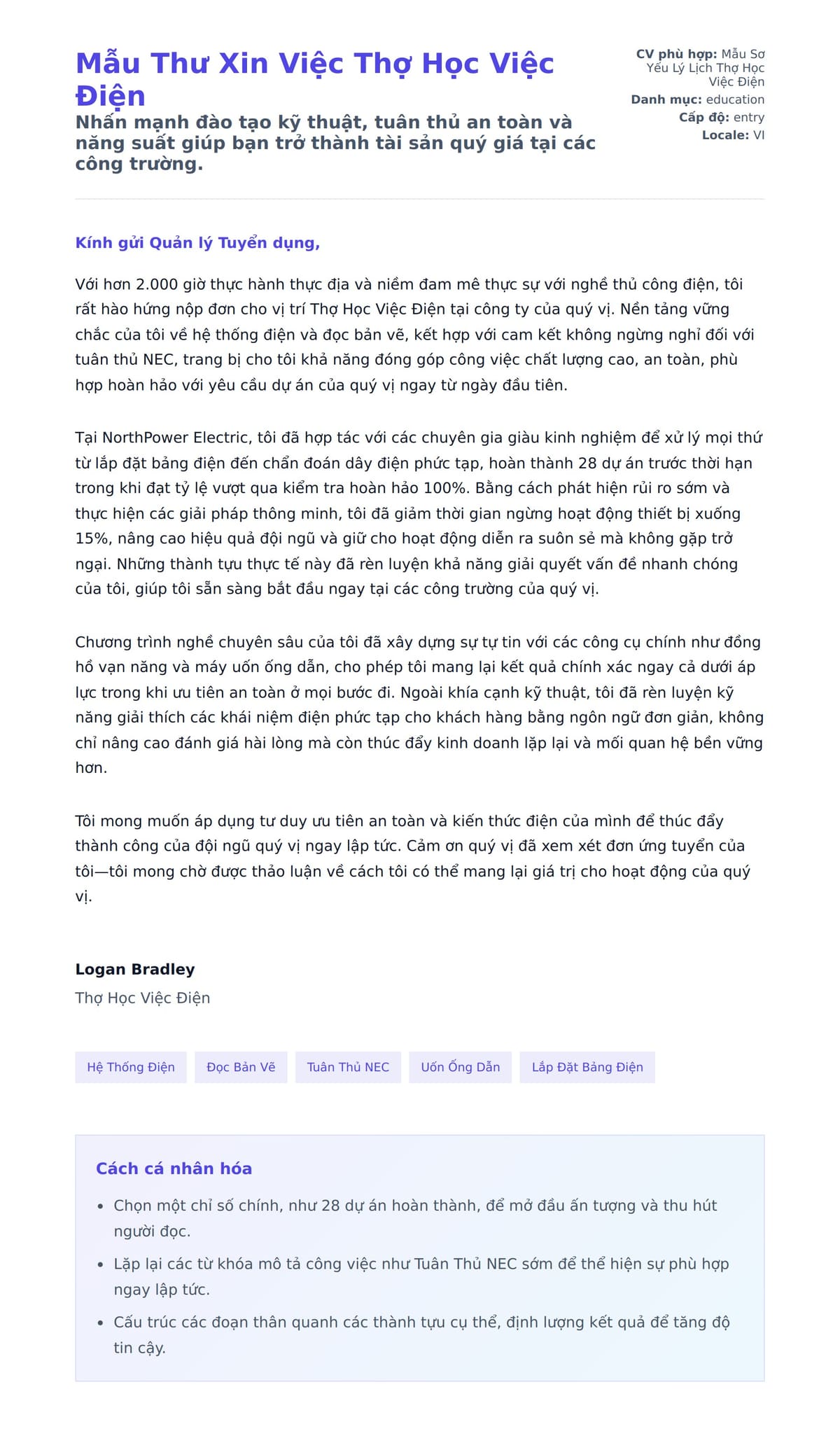 Bản xem trước thư xin việc cho Mẫu Thư Xin Việc Thợ Học Việc Điện