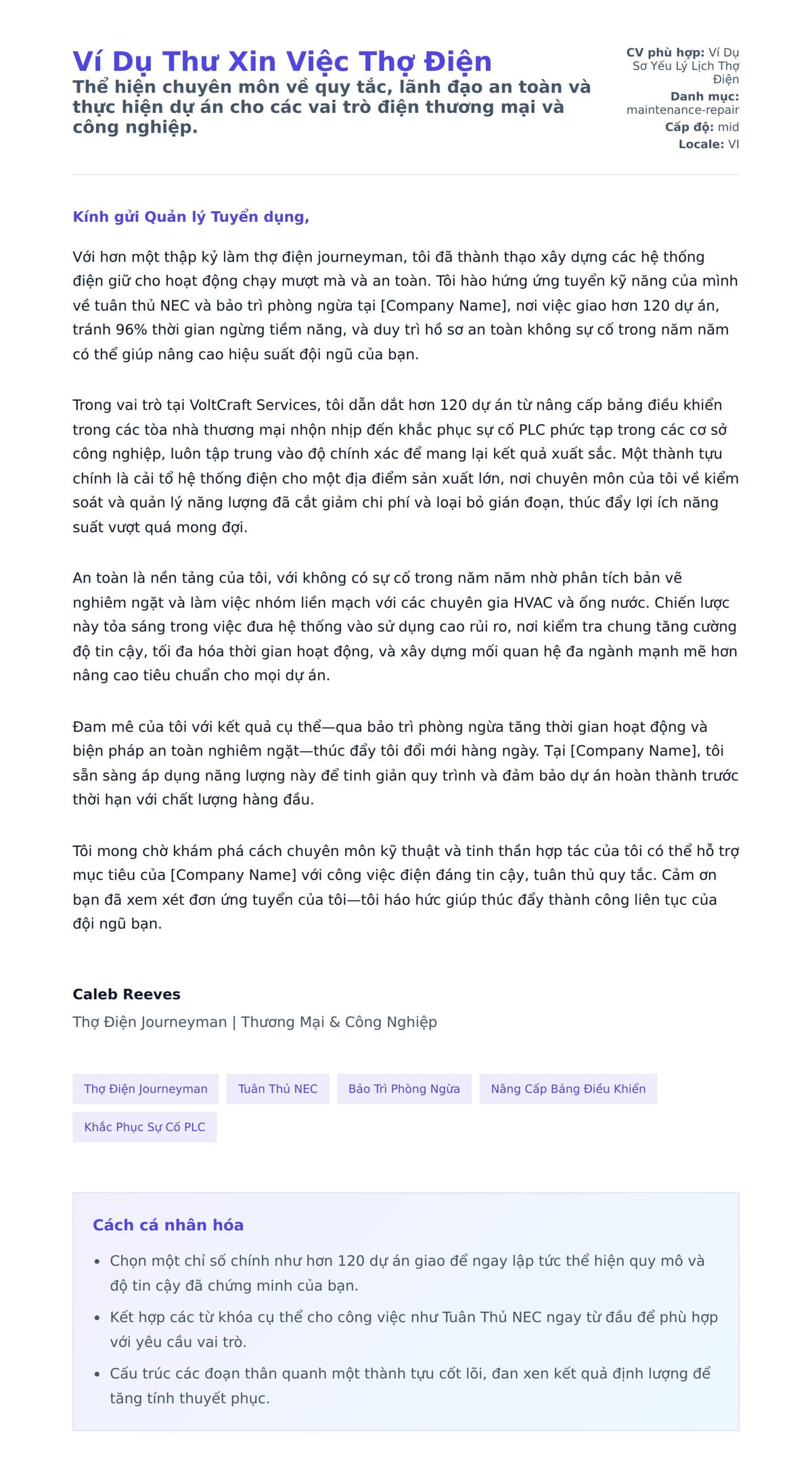 Bản xem trước thư xin việc cho Ví Dụ Thư Xin Việc Thợ Điện