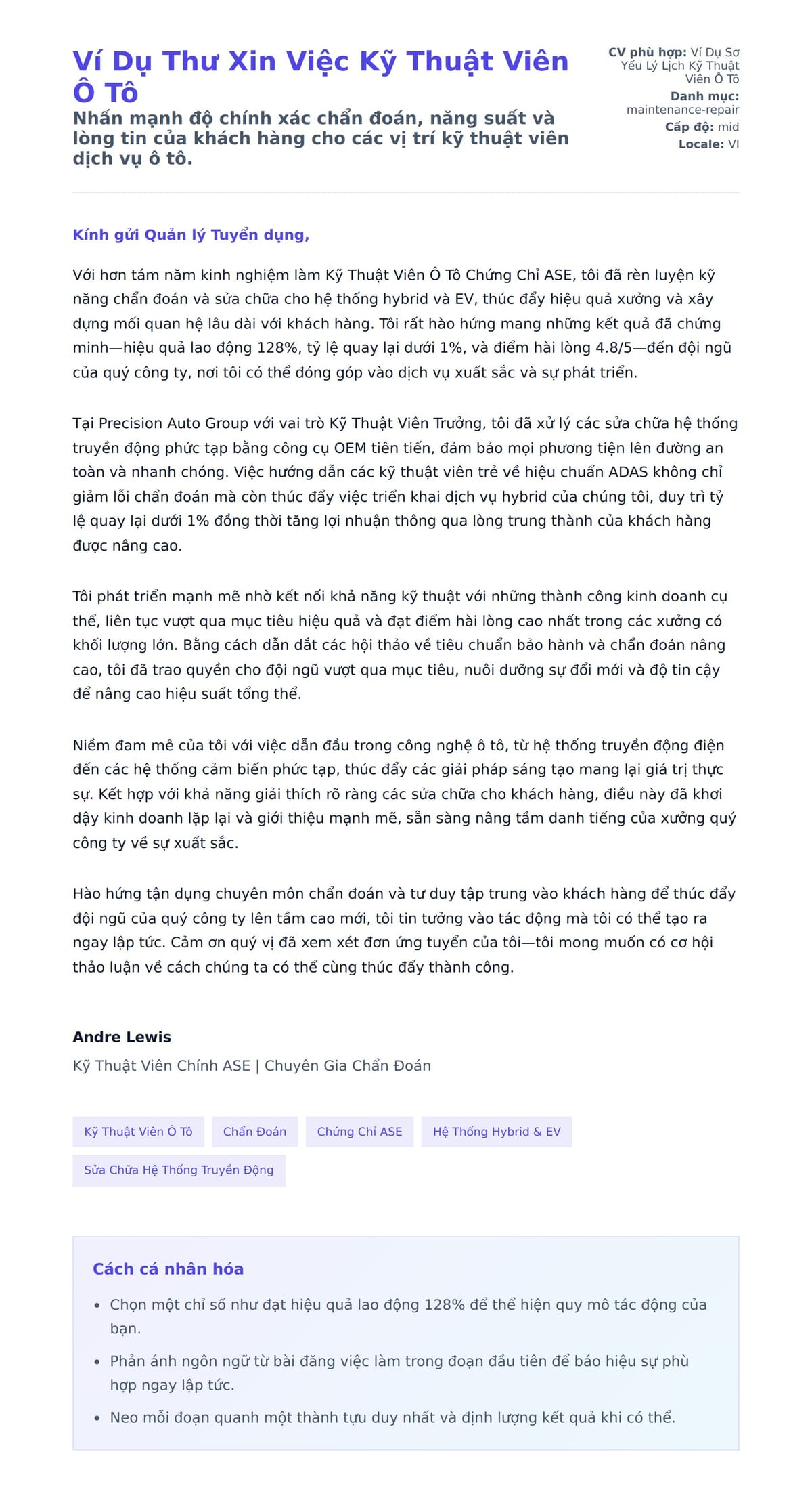 Bản xem trước thư xin việc cho Ví Dụ Thư Xin Việc Kỹ Thuật Viên Ô Tô