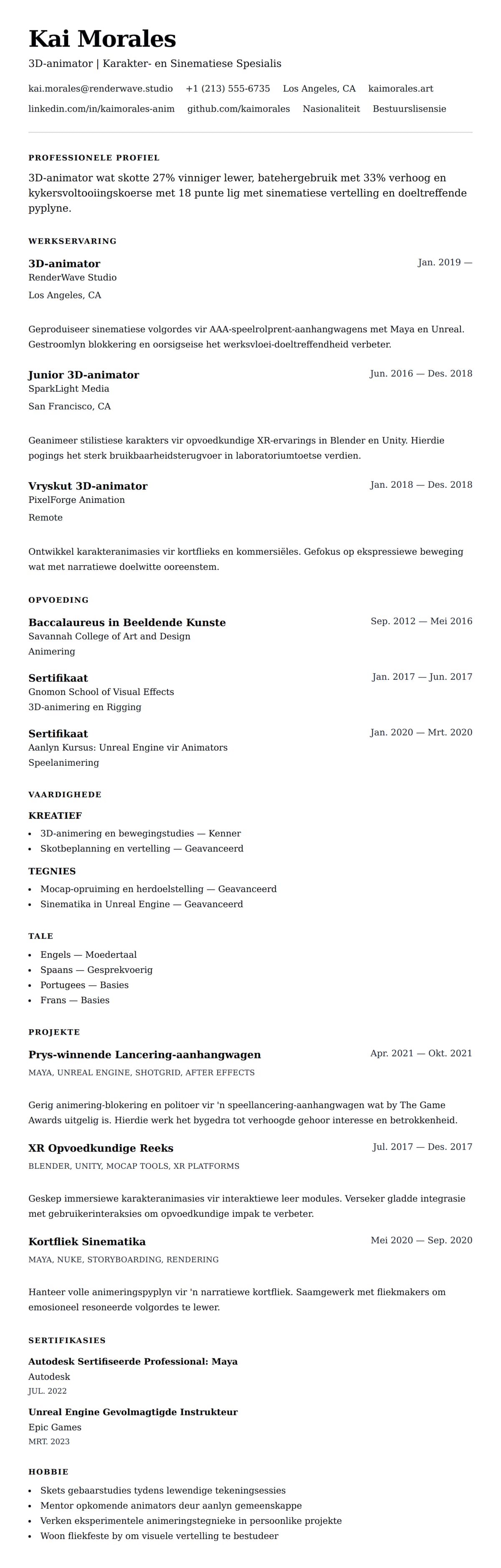 Leweensbeskrywing-vooruitskouk vir 3D-animator CV-voorbeeld