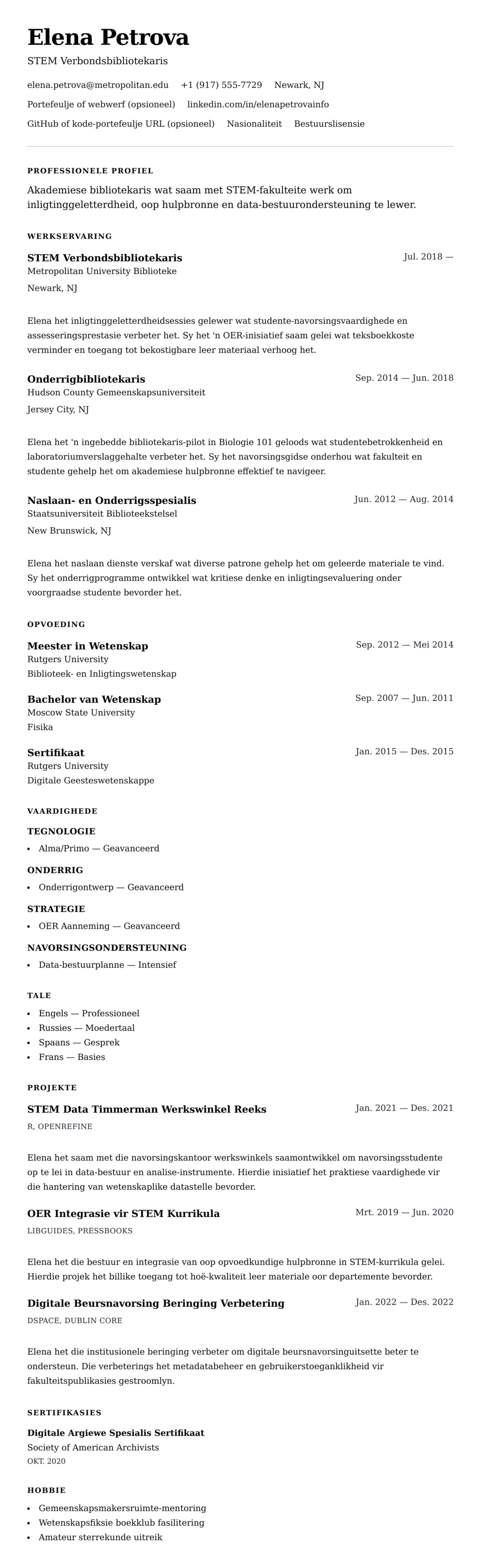 Leweensbeskrywing-vooruitskouk vir Akademiese Bibliotekaris Lewensloop Voorbeeld