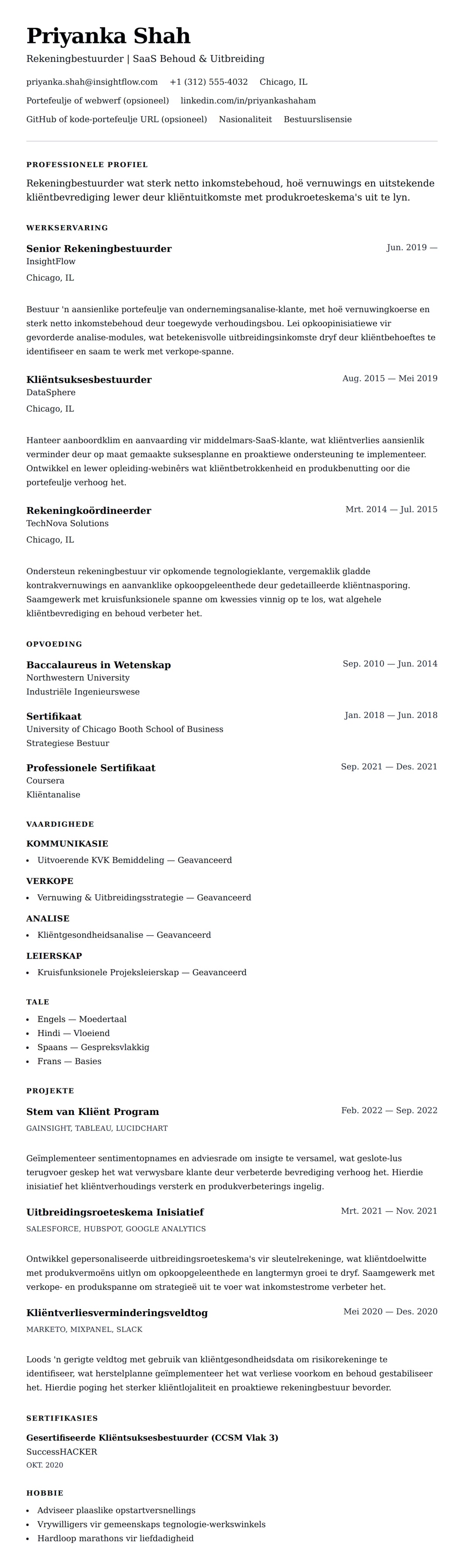 Leweensbeskrywing-vooruitskouk vir Rekeningbestuurder Lewensloop Voorbeeld