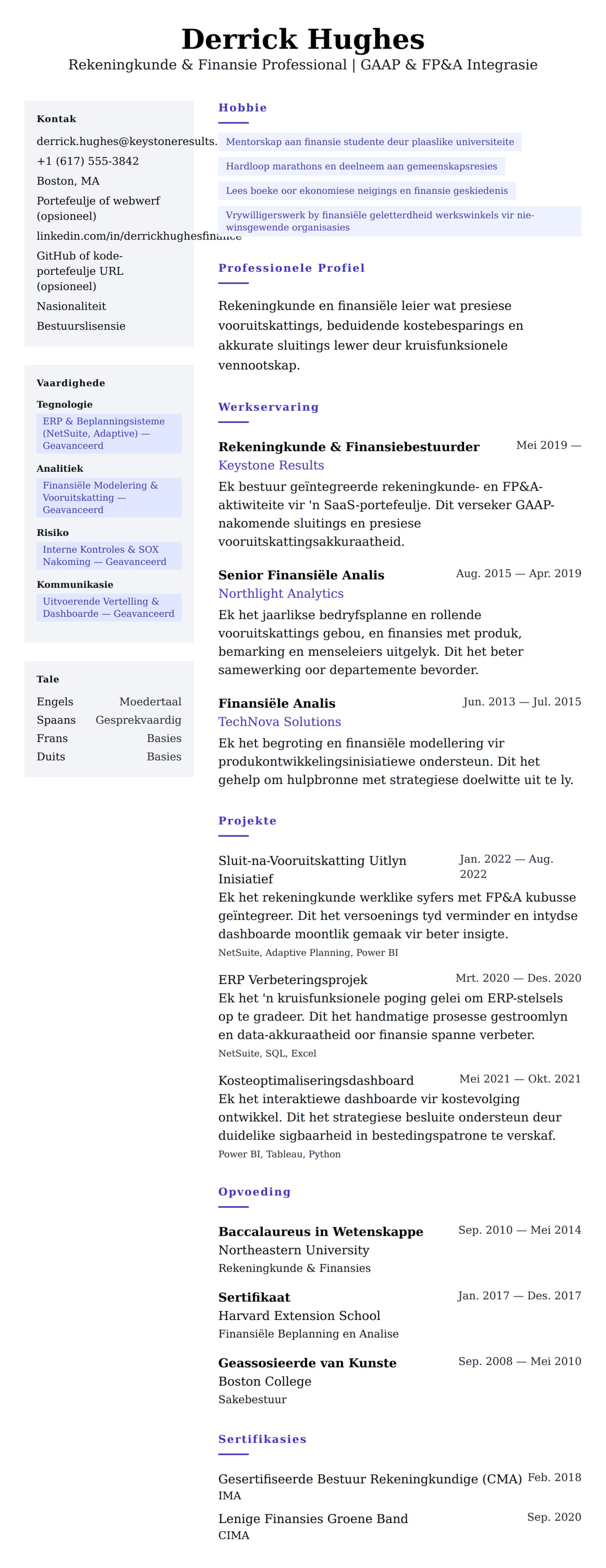 Leweensbeskrywing-vooruitskouk vir Rekeningkundige en Finansiële Professional Leweenskrif Voorbeeld