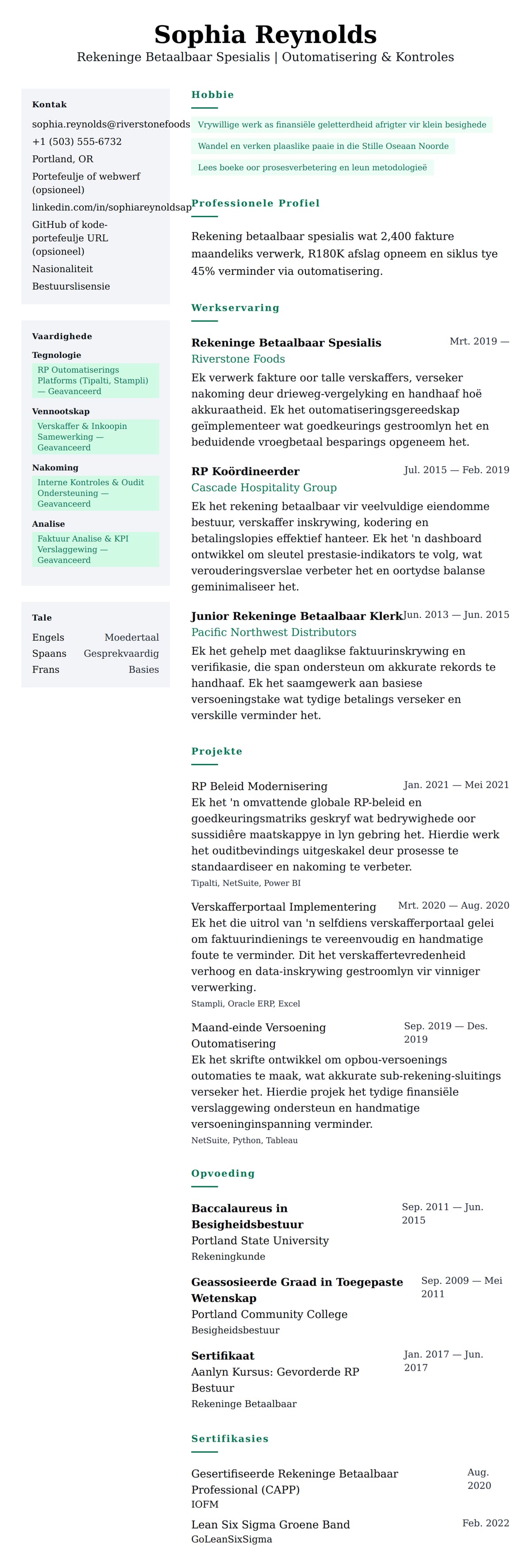 Leweensbeskrywing-vooruitskouk vir Rekeninge Betaalbaar Spesialis CV Voorbeeld