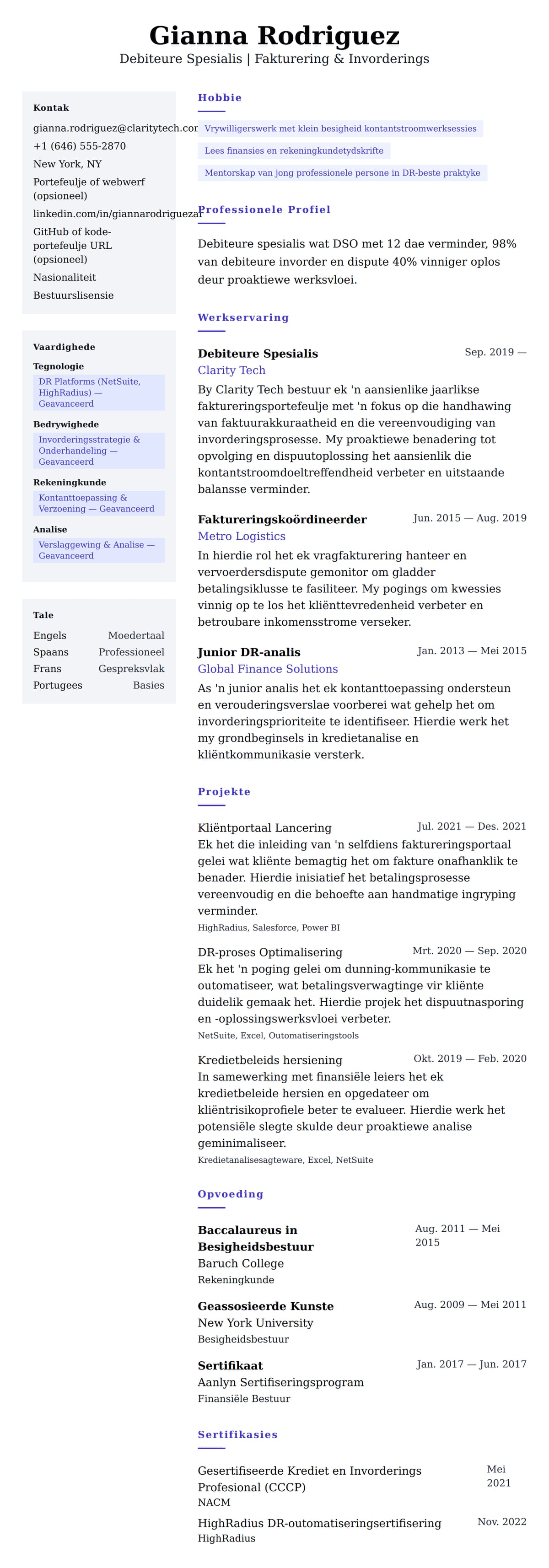 Leweensbeskrywing-vooruitskouk vir Debiteure Spesialis Lewensloop Voorbeeld