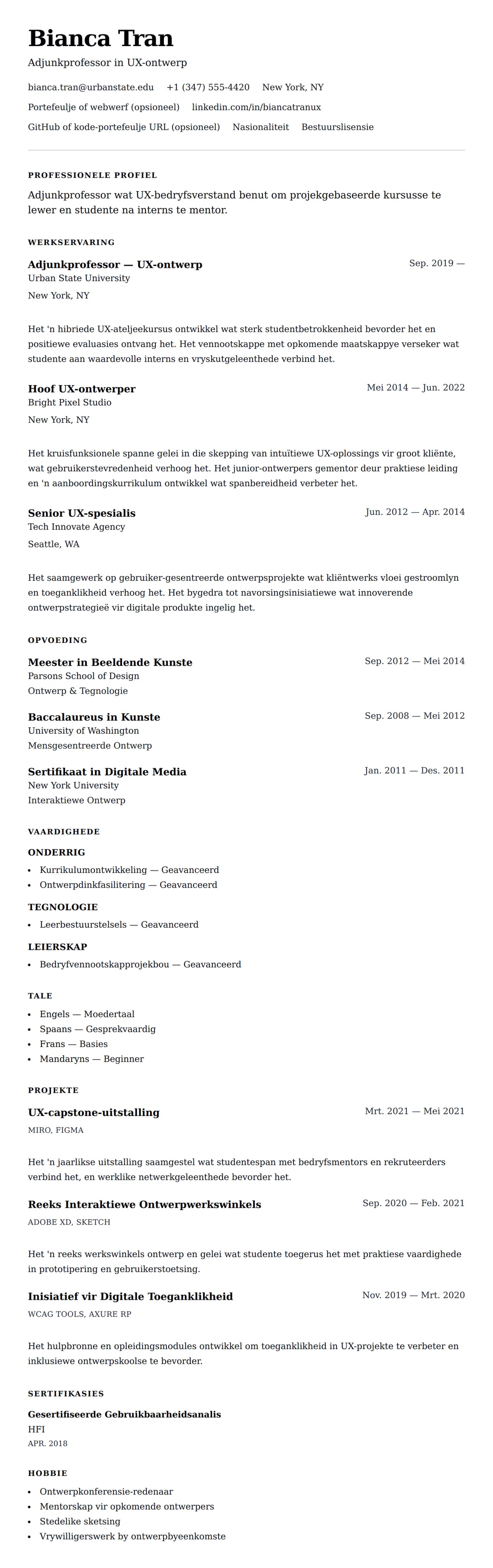 Leweensbeskrywing-vooruitskouk vir Voorbeeld van Adjunkprofessor se Lewensloop