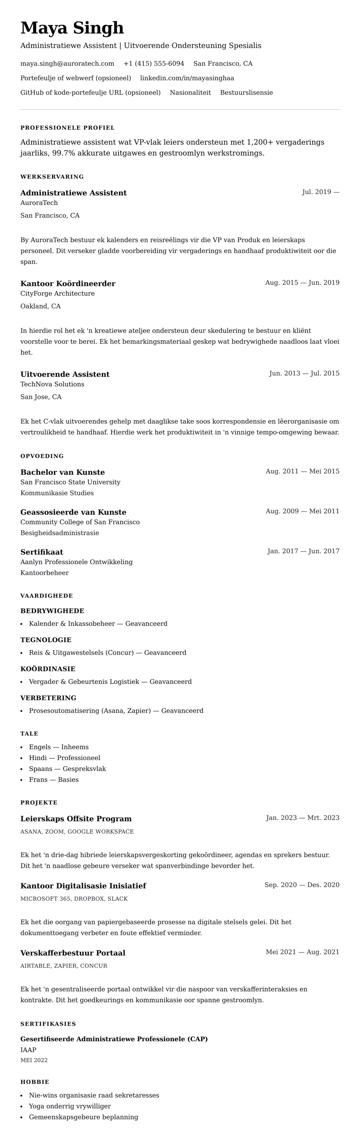 Leweensbeskrywing-vooruitskouk vir Administratiewe Assistent Lewensloop Voorbeeld