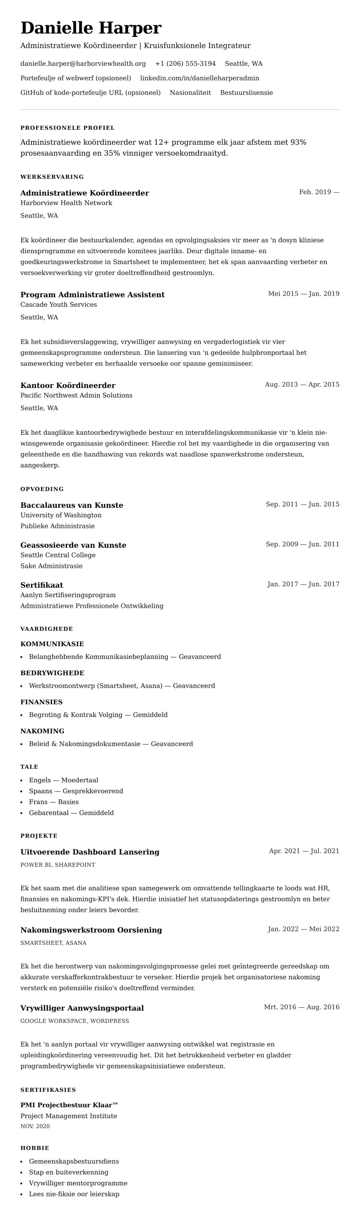 Leweensbeskrywing-vooruitskouk vir Administratiewe Koördineerder CV Voorbeeld