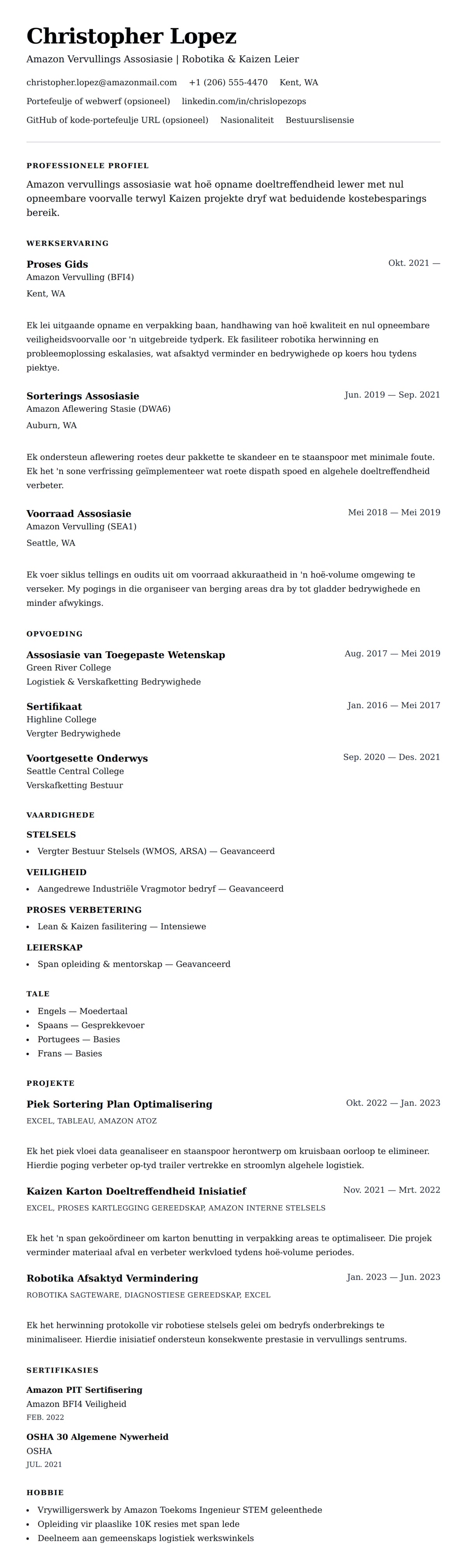 Leweensbeskrywing-vooruitskouk vir Amazon Assosiasie Lewensloop Voorbeeld