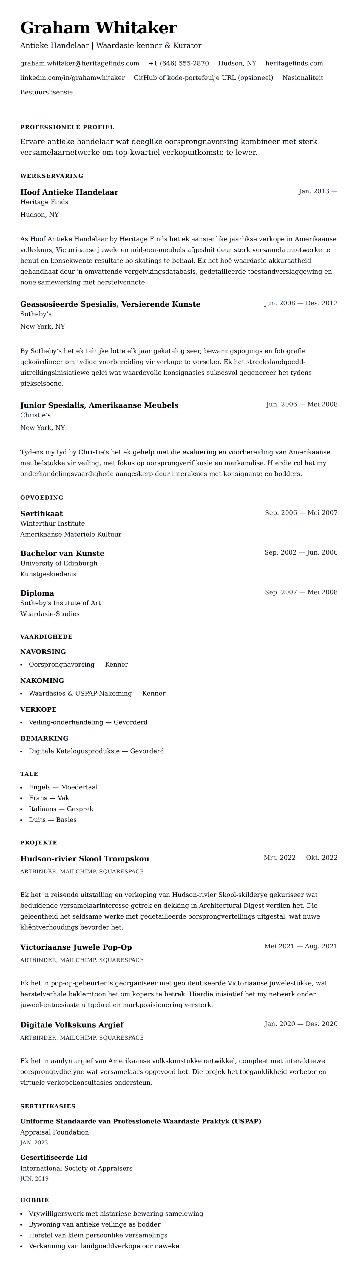 Leweensbeskrywing-vooruitskouk vir Antieke Handelaar CV Voorbeeld