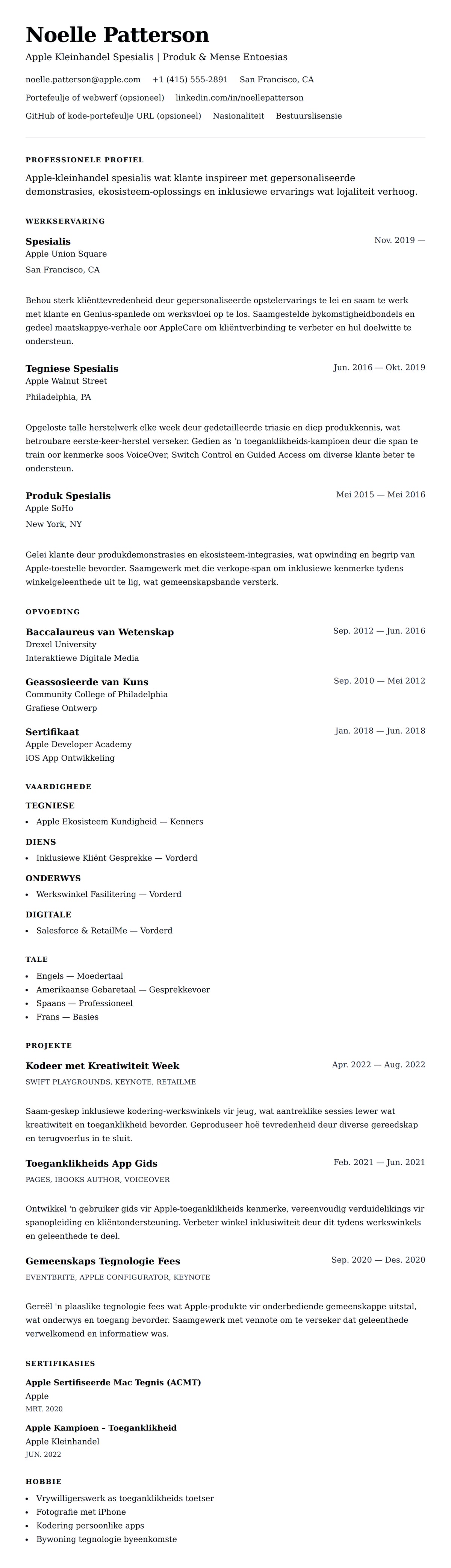 Leweensbeskrywing-vooruitskouk vir Apple Kleinhandel Spesialis Lewensloop Voorbeeld