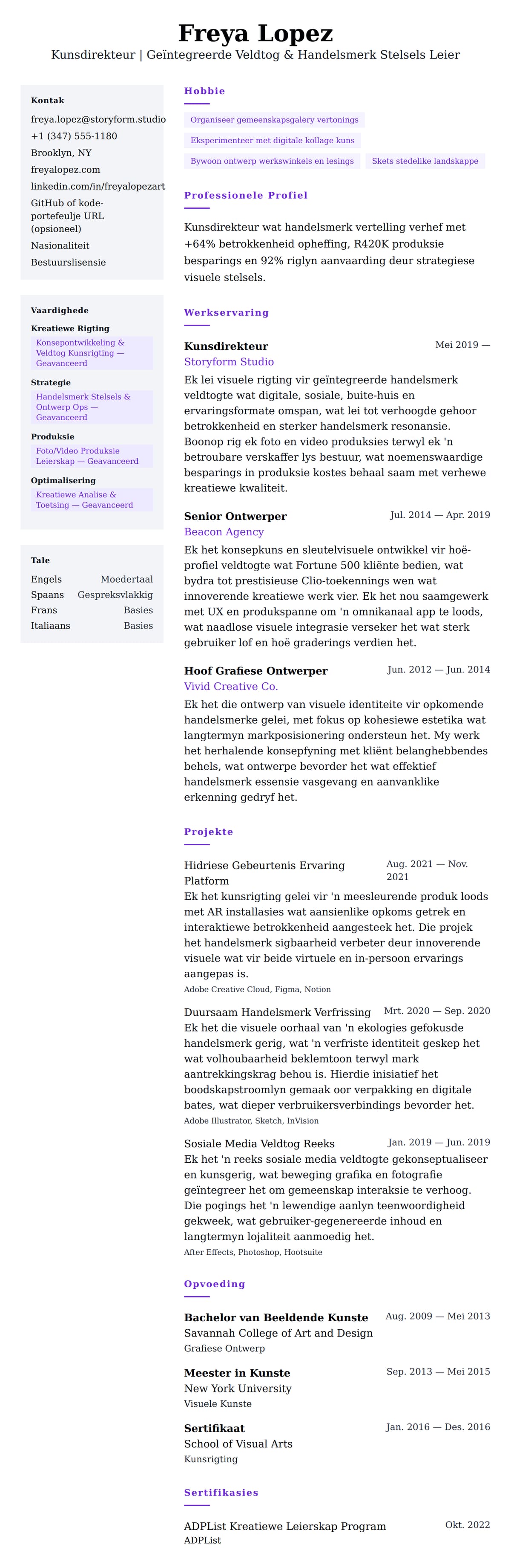 Leweensbeskrywing-vooruitskouk vir Kunsdirekteur Lewensloop Voorbeeld