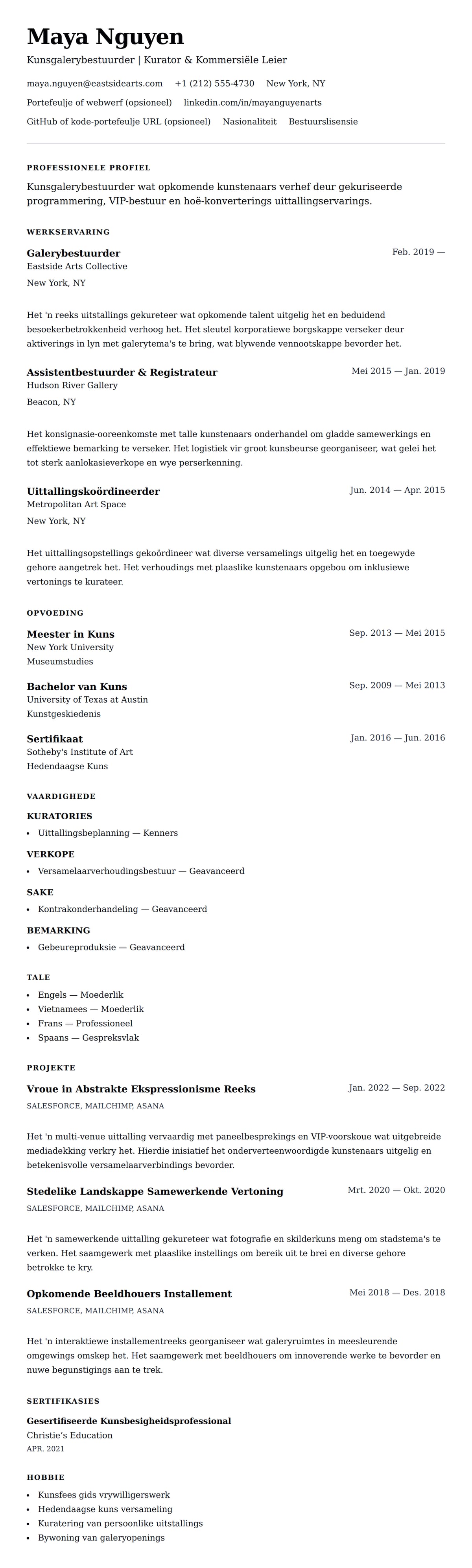 Leweensbeskrywing-vooruitskouk vir Kunsgalerybestuurder Leweensbeskrywing Voorbeeld