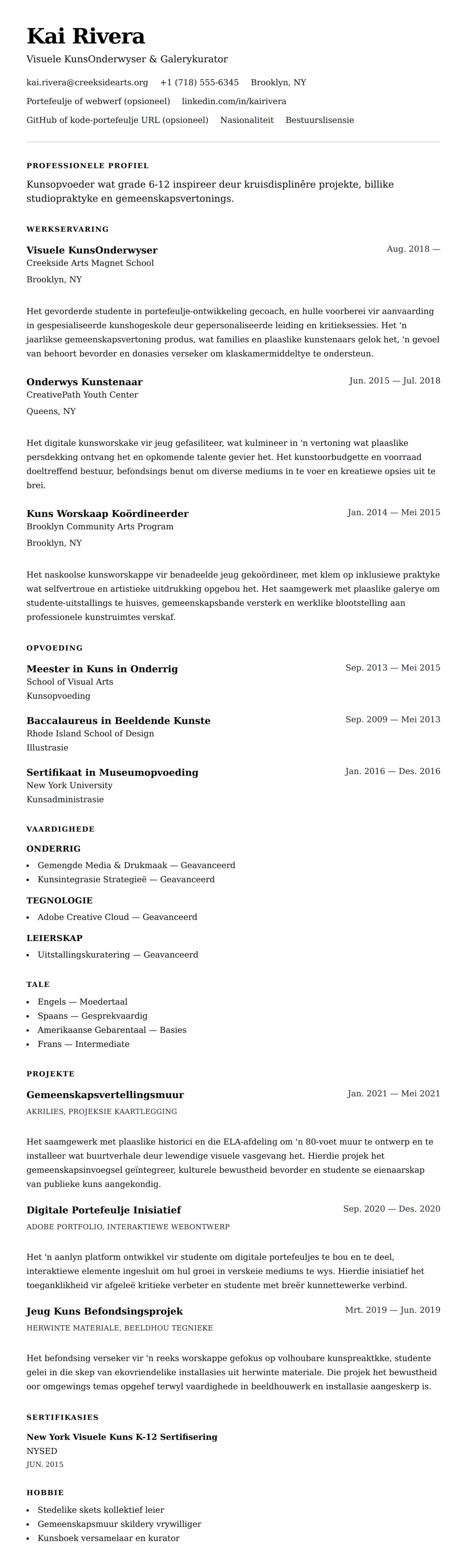 Leweensbeskrywing-vooruitskouk vir KunsOnderwyser Lewensloop Voorbeeld